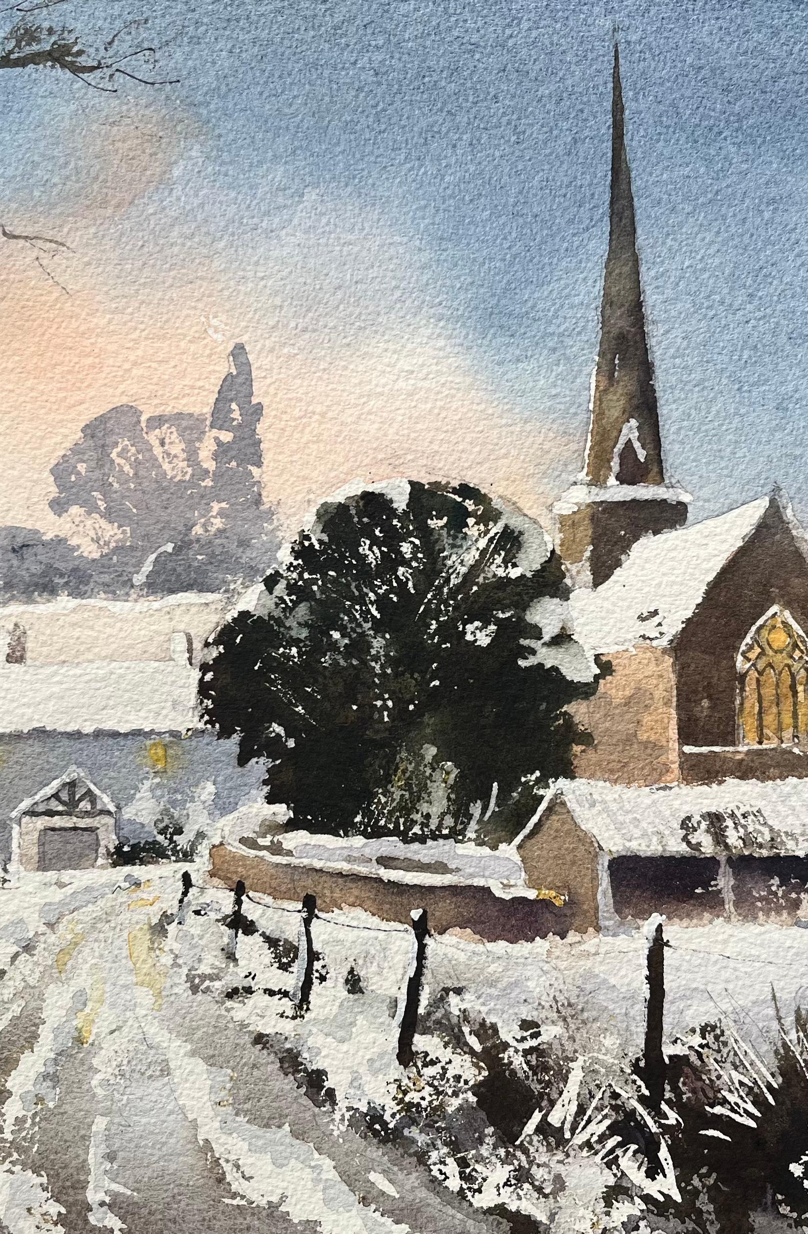 Title: British Impressionist Watercolor of Snow-Covered Church at Sunset
by Anthony Avery (British 1946-2023)
Original watercolor on artists paper, unframed
Dimensions: 11.25 x 15 inches (Height x Width)
Condition: Good 
Provenance: from a large