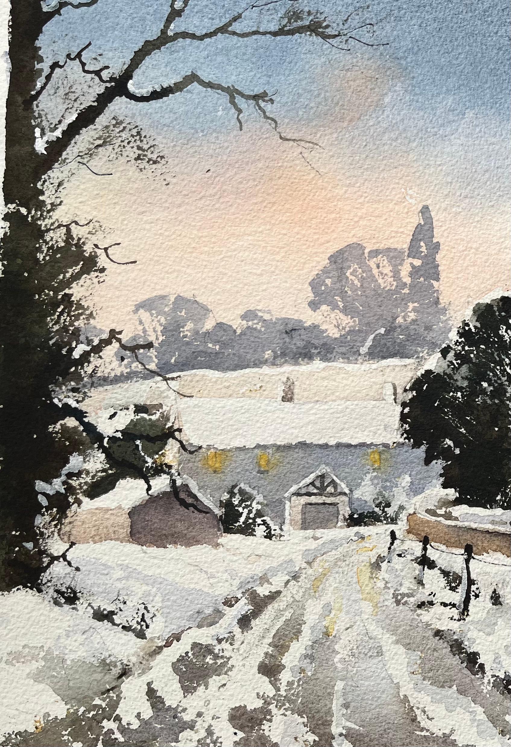 British Impressionist Watercolor of Snow-Covered Church at Sunset For Sale 1