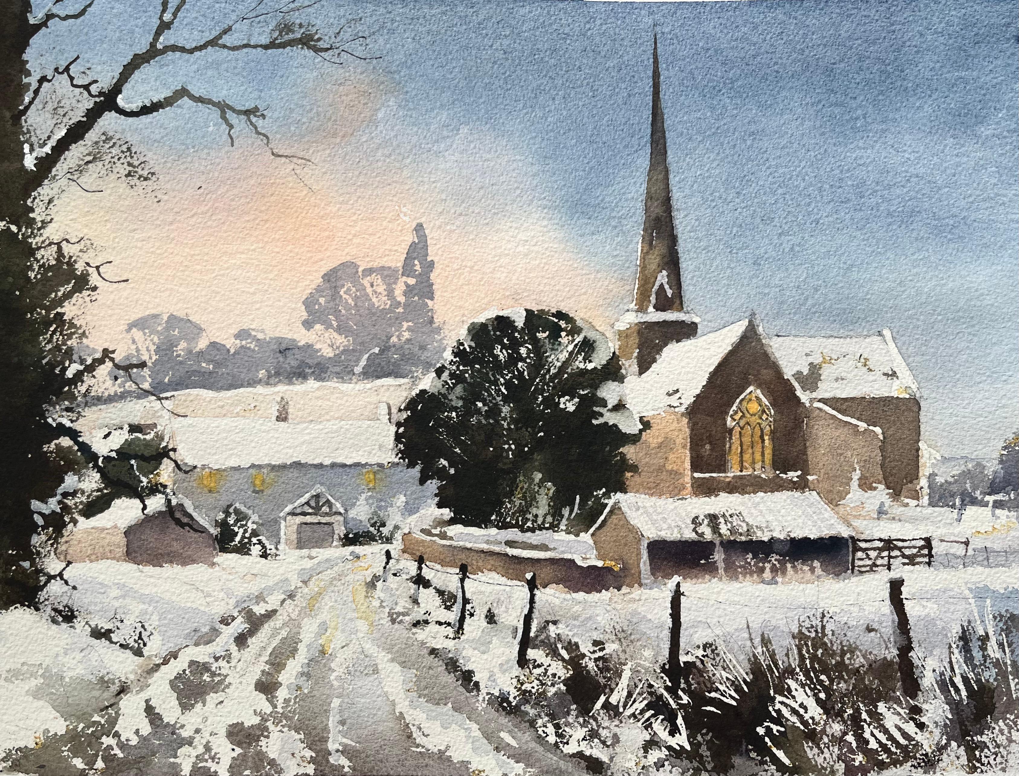 Anthony Avery Landscape Painting - British Impressionist Watercolor of Snow-Covered Church at Sunset