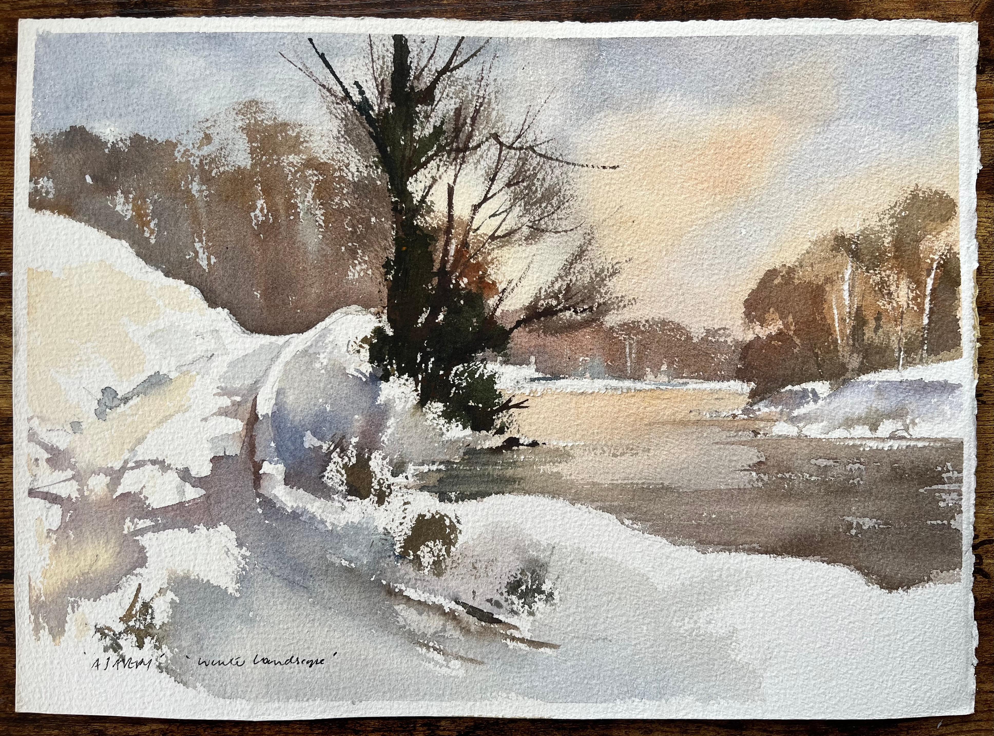 Britischer Impressionist Aquarell eines schneebedeckten Flussufers bei Sonnenuntergang – Painting von Anthony Avery