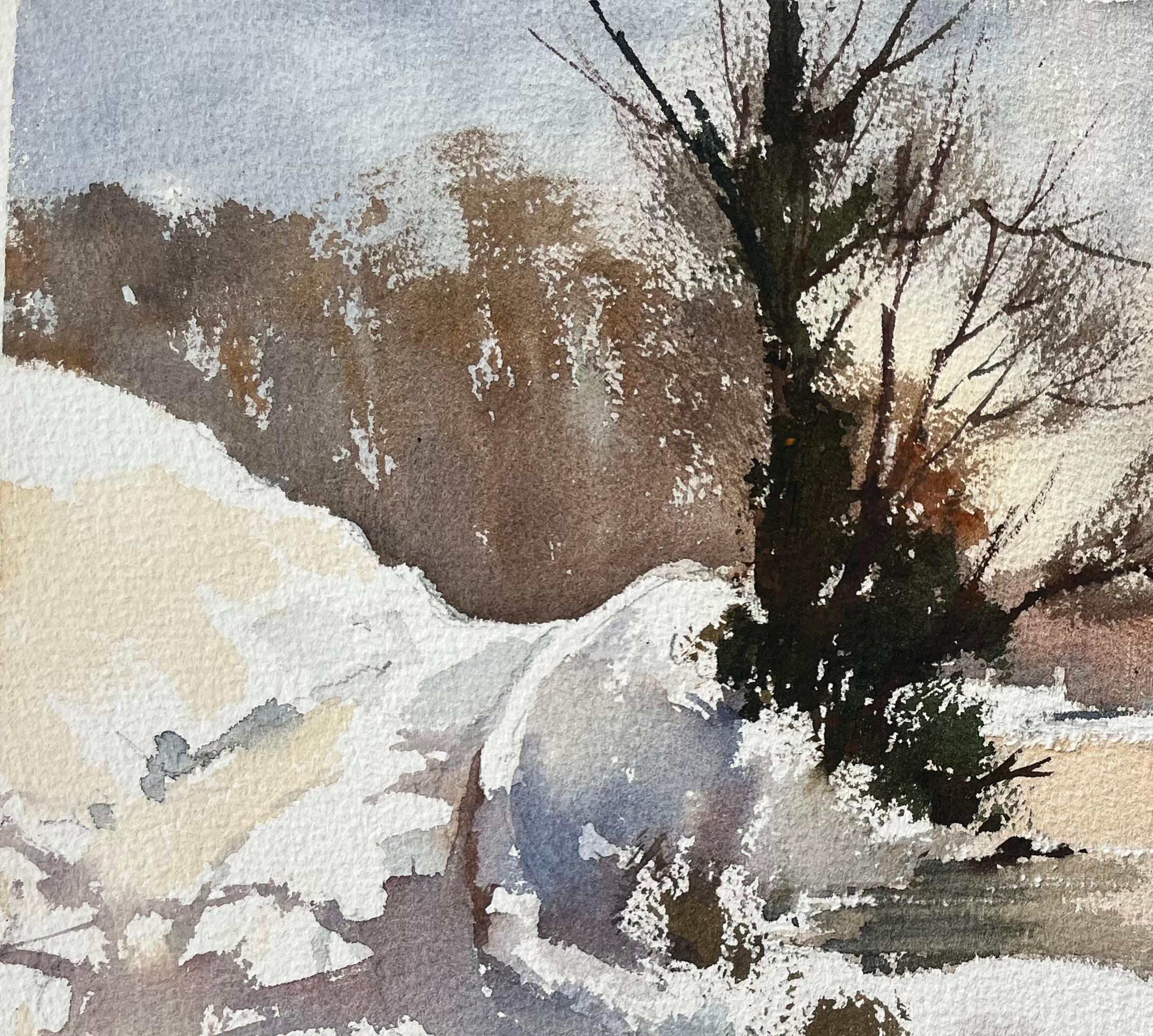 Britischer Impressionist Aquarell eines schneebedeckten Flussufers bei Sonnenuntergang (Impressionismus), Painting, von Anthony Avery