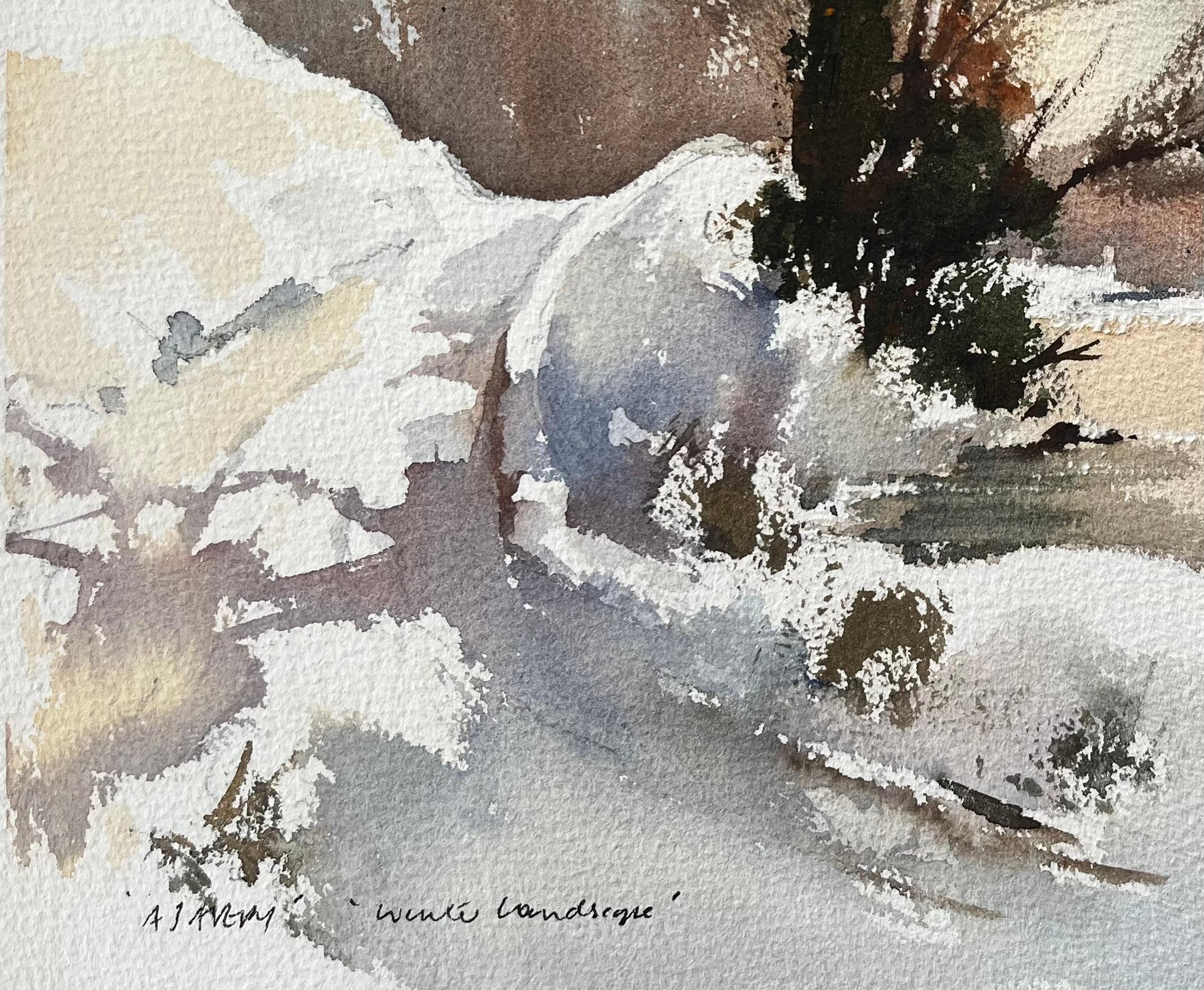 Britischer Impressionist Aquarell eines schneebedeckten Flussufers bei Sonnenuntergang (Grau), Landscape Painting, von Anthony Avery
