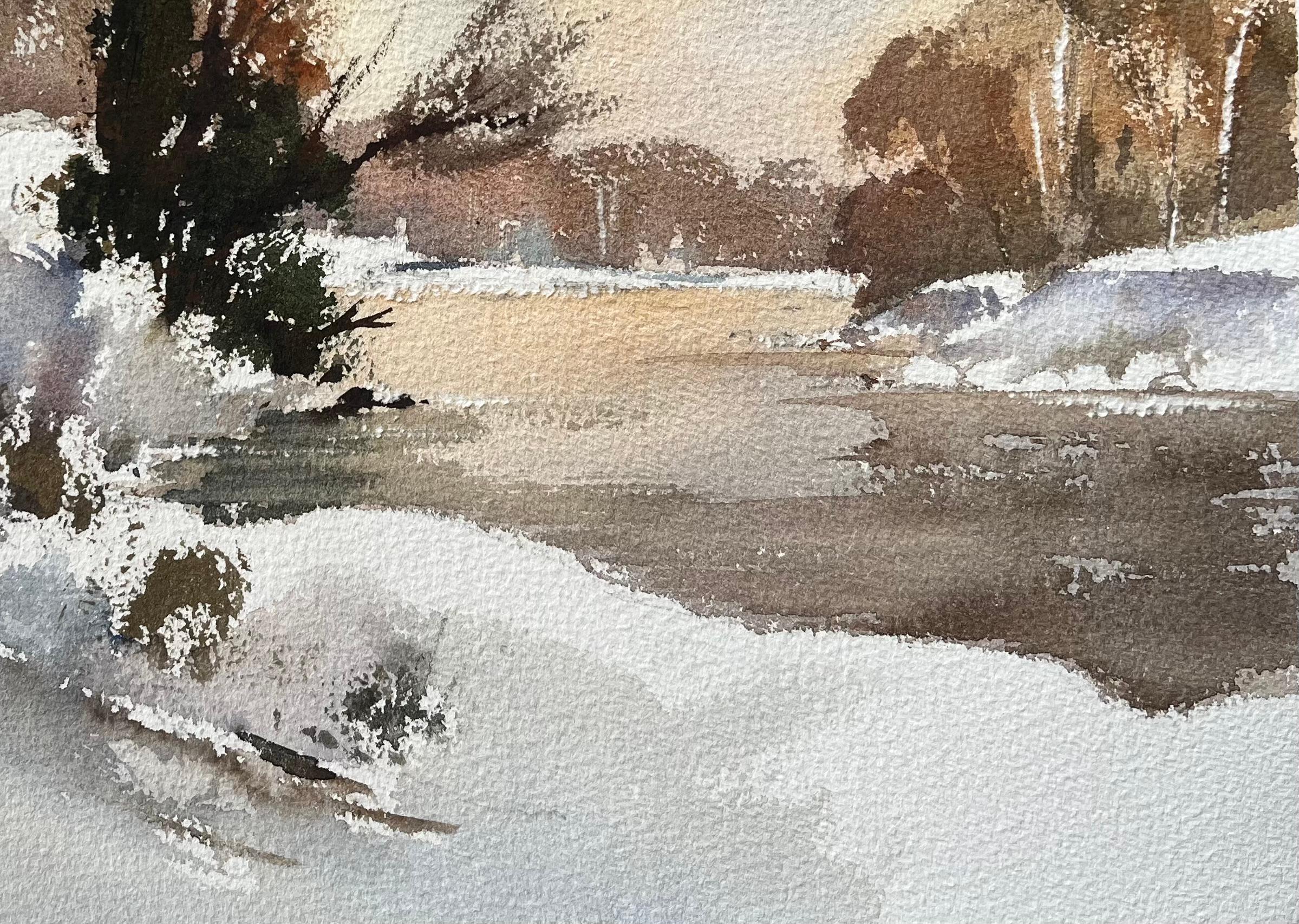 Britischer Impressionist Aquarell eines schneebedeckten Flussufers bei Sonnenuntergang im Angebot 1