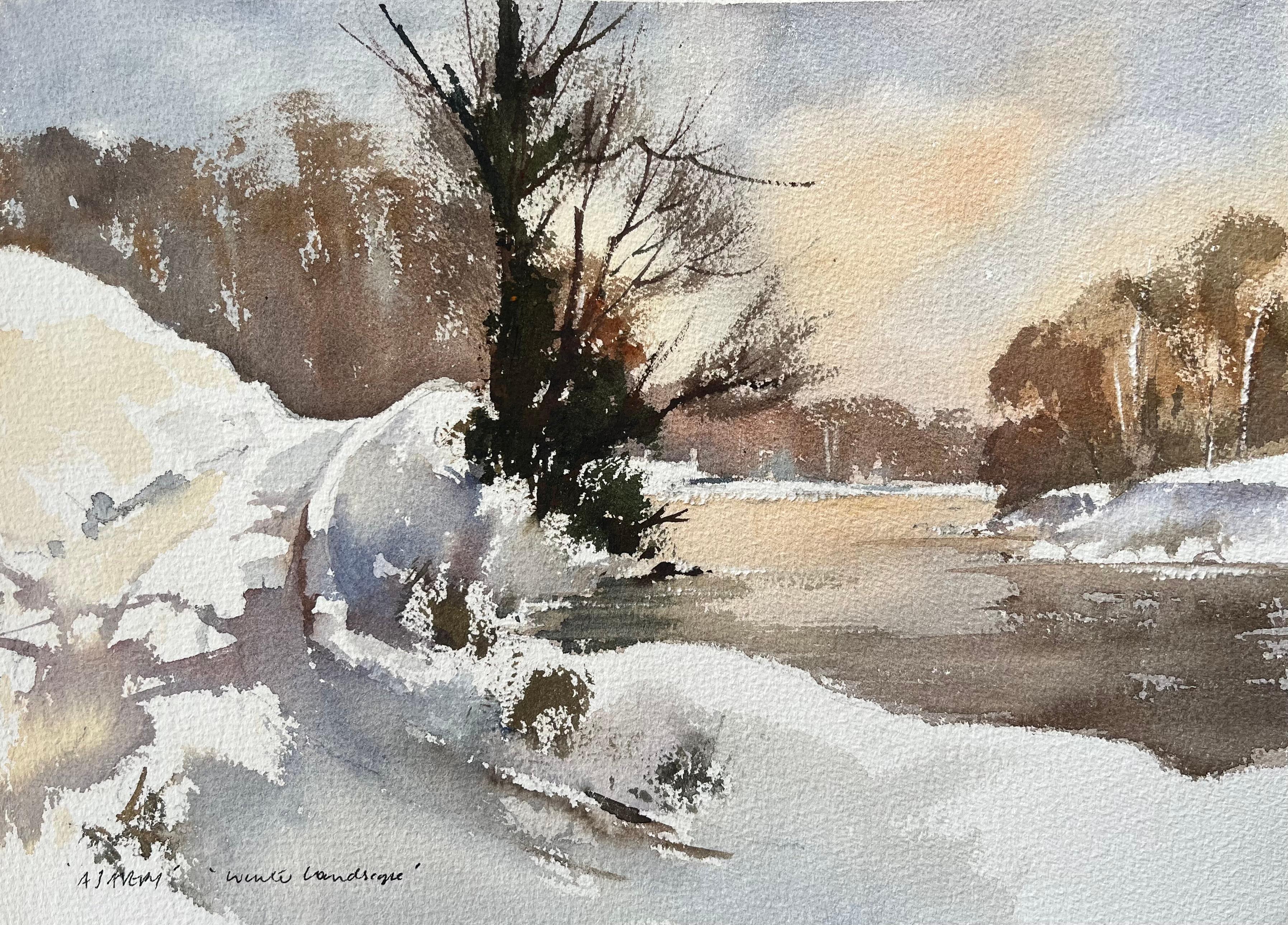 Britischer Impressionist Aquarell eines schneebedeckten Flussufers bei Sonnenuntergang