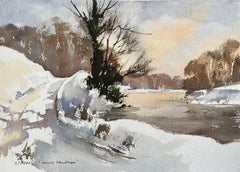 British Impressionist Watercolor of Snow-Covered Riverbank at Sunset