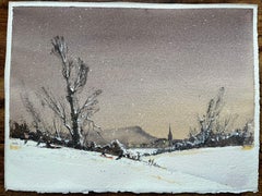 British Impressionist Watercolor of Snowy Landscape with Sledders and Village