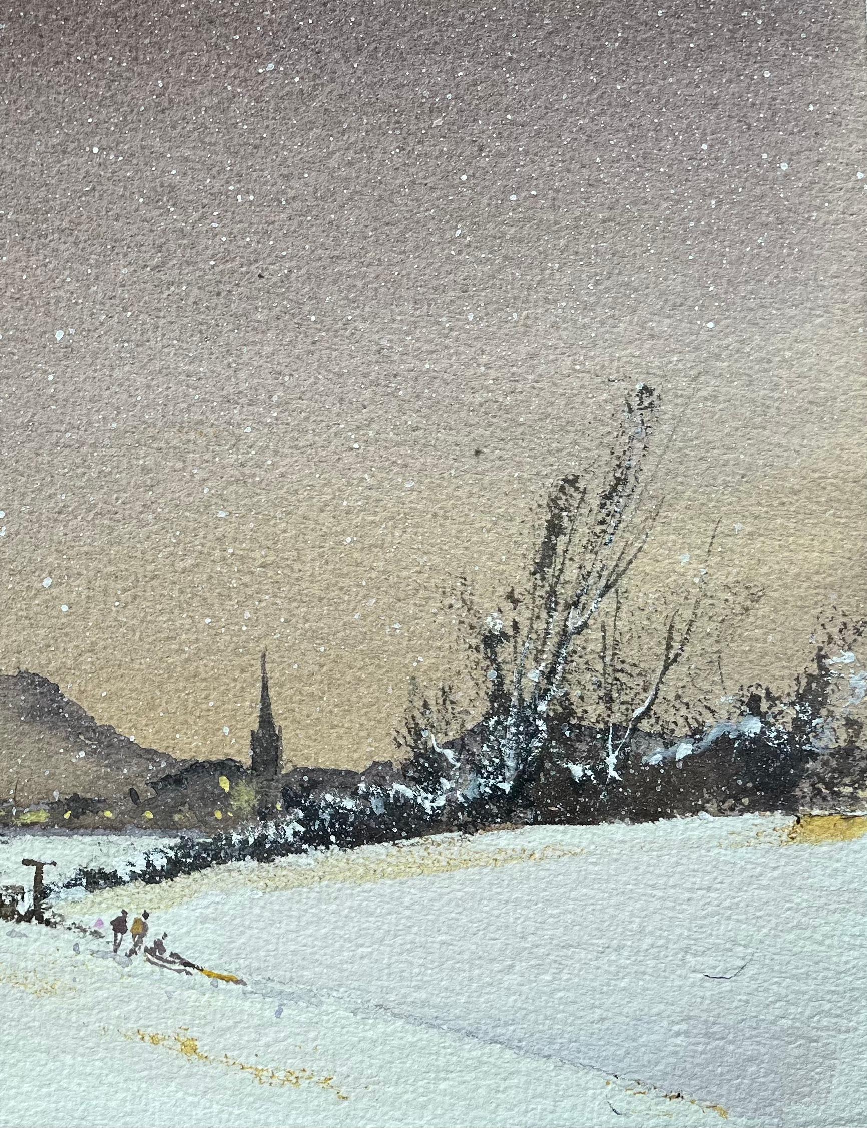 Aquarelle impressionniste britannique d'un paysage enneigé avec des écluses et un village - Impressionnisme Painting par Anthony Avery