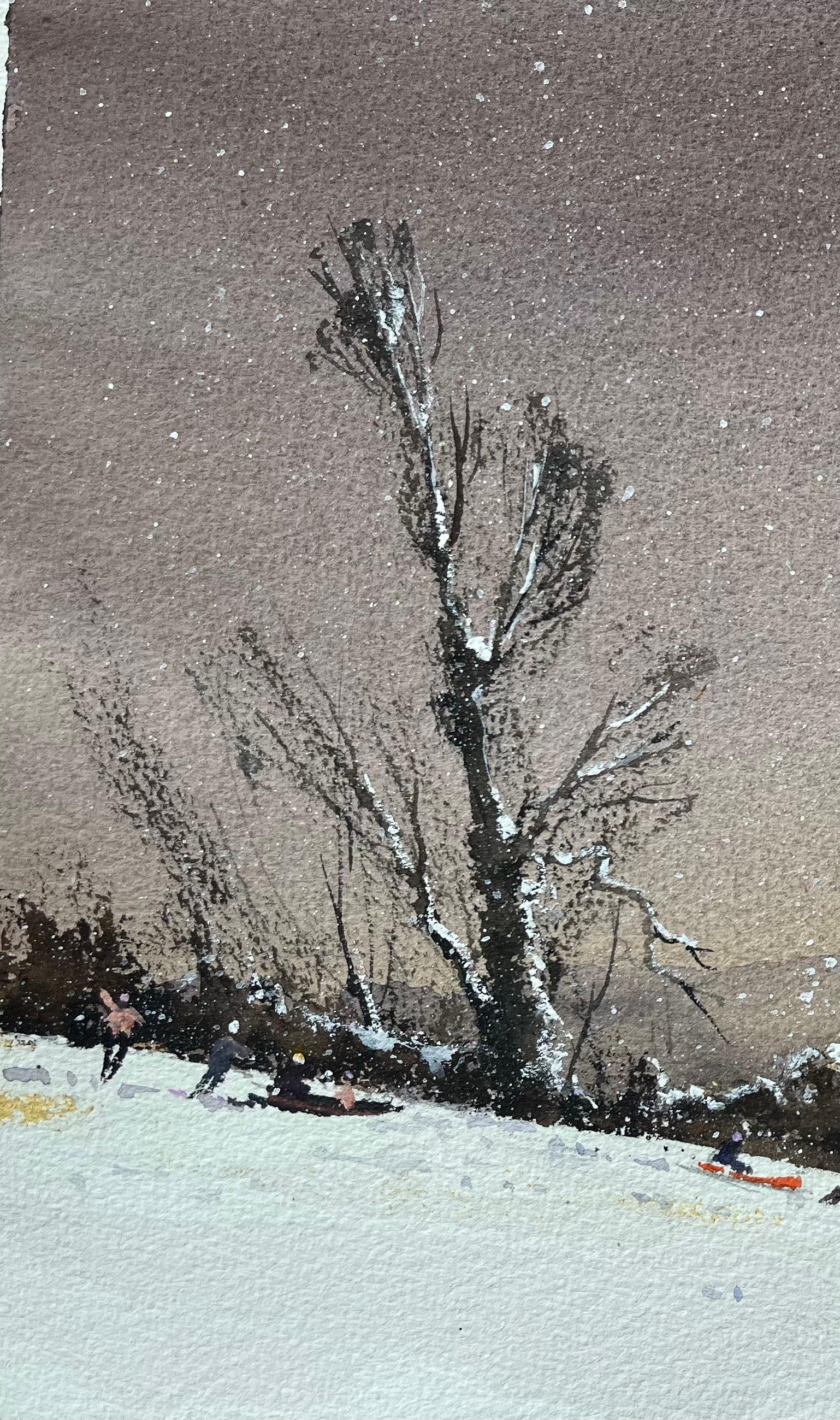 Titre : Aquarelle impressionniste britannique d'un paysage enneigé avec des traîneaux et des lumières de village
par Anthony Avery (britannique 1946-2023)
Aquarelle originale sur papier d'artiste, non encadrée
Dimensions : 11.25 x 15 pouces (hauteur