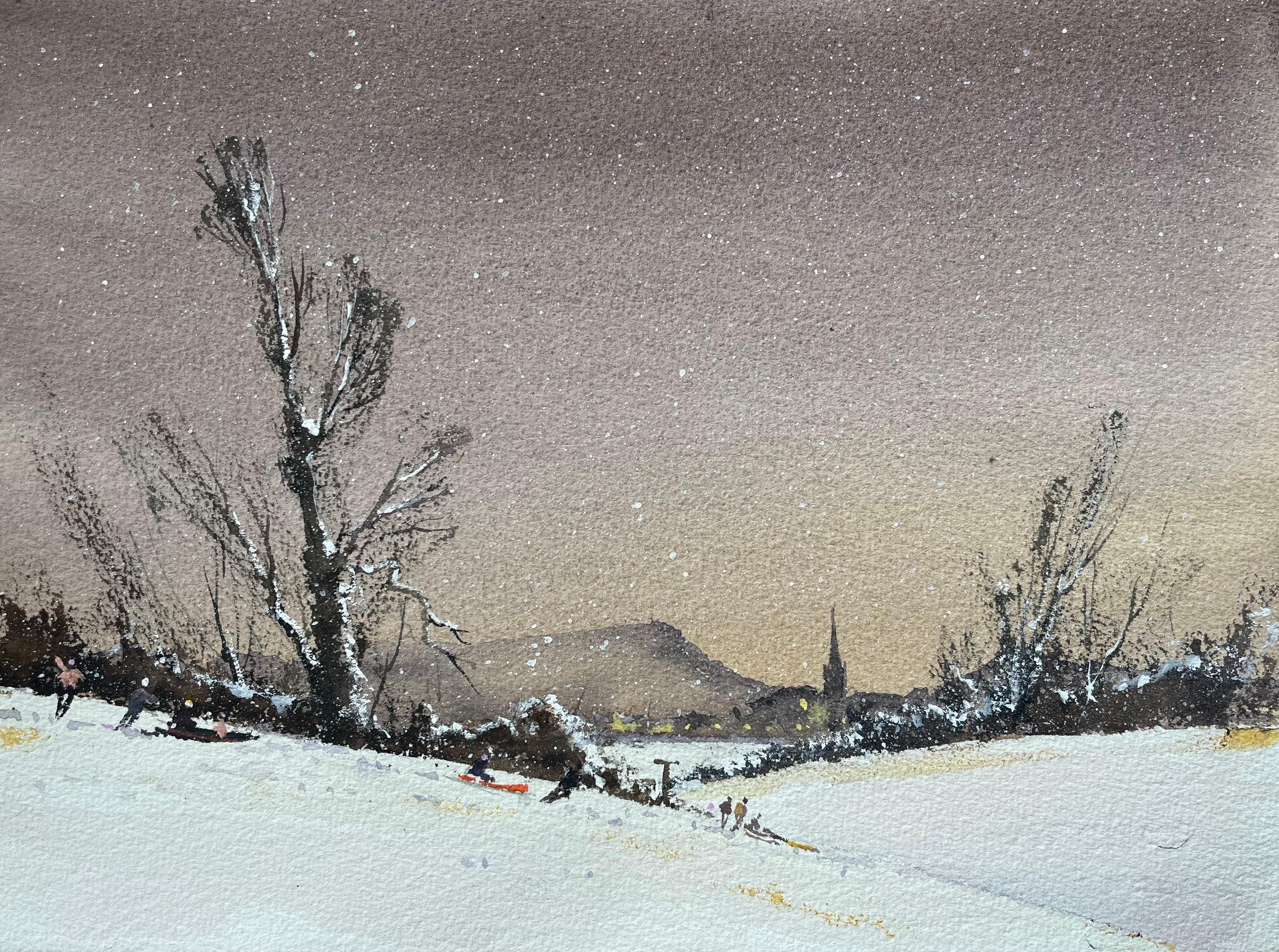 Britisches impressionistisches Aquarell des britischen Impressionismus mit Schneelandschaften mit Decken und Dorf