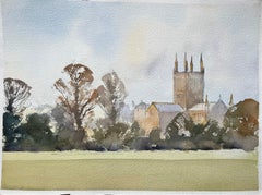 Britischer Impressionist Aquarell einer stattlichen Kathedrale, die sich über die Baumkronen erhebt