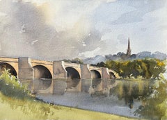 British Impressionist Watercolor of Stone Bridge with Church Spire