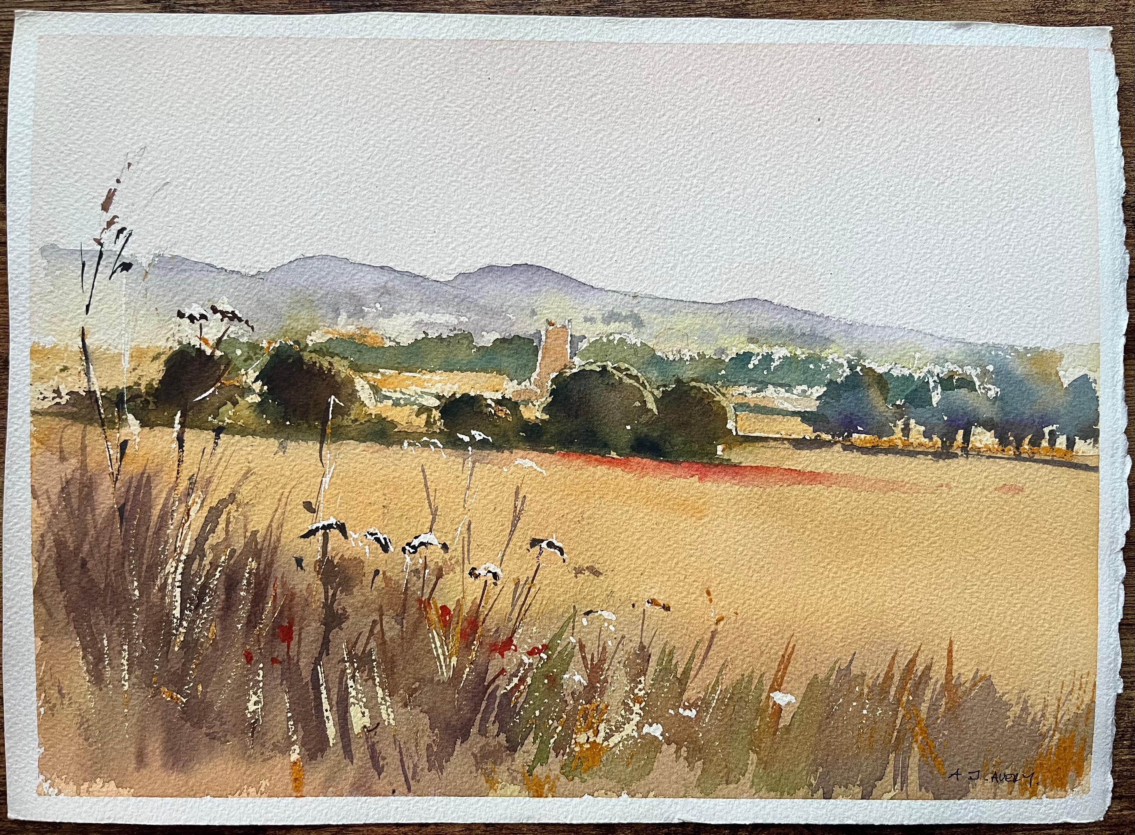 Britisches impressionistisches Aquarell der Sommerfelder des britischen Impressionismus mit Wildblumen und Kirche – Painting von Anthony Avery