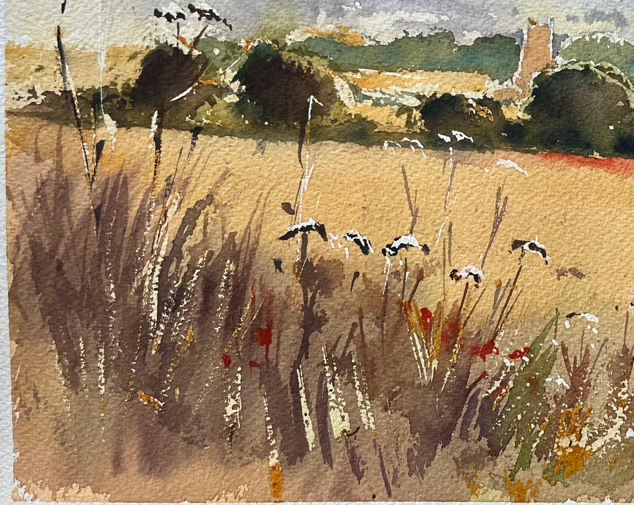 Britisches impressionistisches Aquarell der Sommerfelder des britischen Impressionismus mit Wildblumen und Kirche (Beige), Landscape Painting, von Anthony Avery
