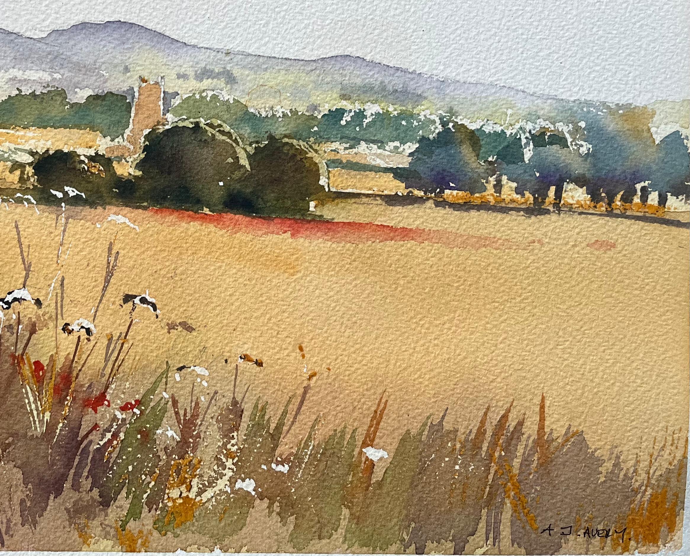 Britisches impressionistisches Aquarell der Sommerfelder des britischen Impressionismus mit Wildblumen und Kirche im Angebot 1