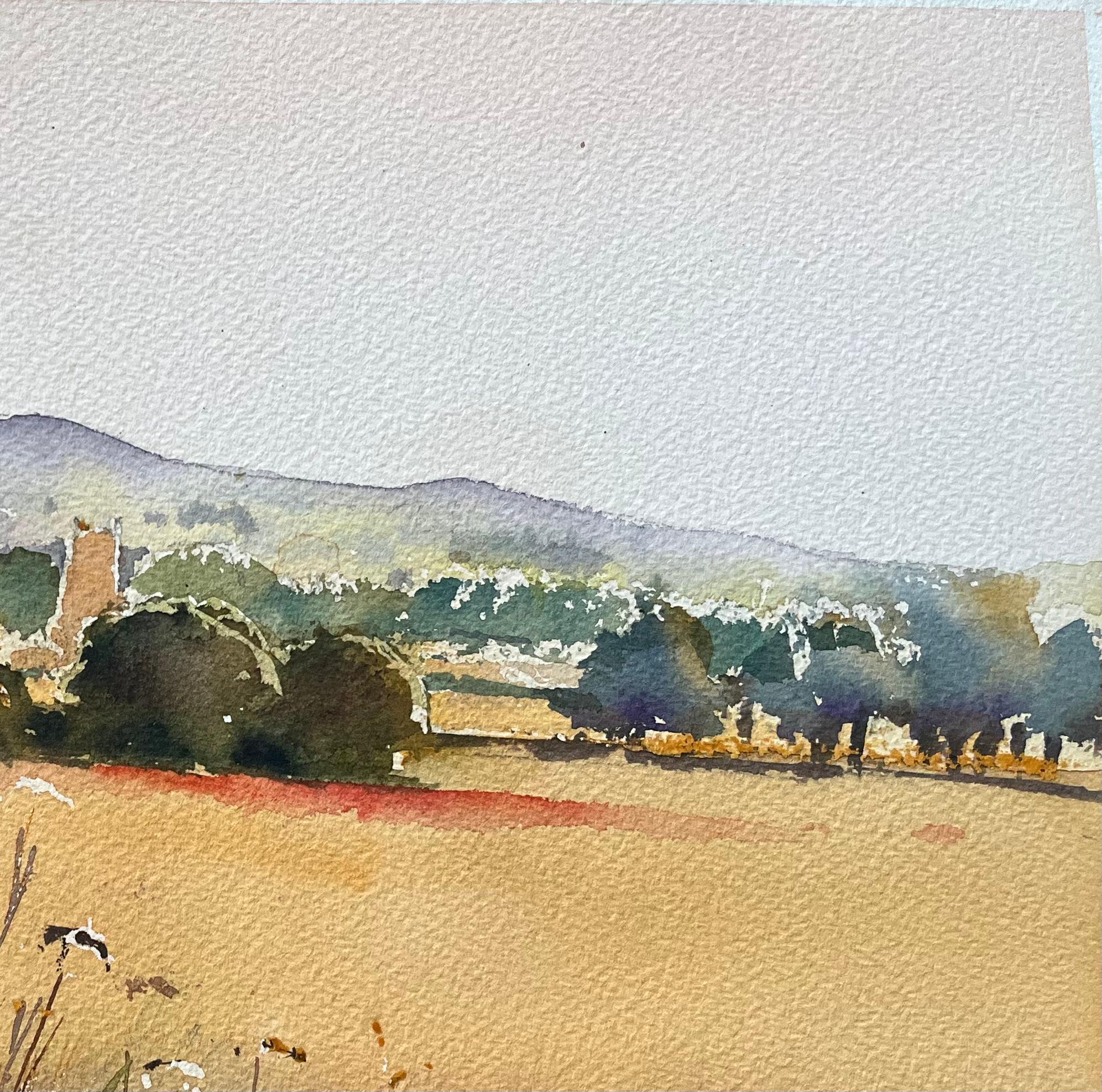 Britisches impressionistisches Aquarell der Sommerfelder des britischen Impressionismus mit Wildblumen und Kirche im Angebot 2