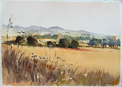 Britisches impressionistisches Aquarell der Sommerfelder des britischen Impressionismus mit Wildblumen und Kirche
