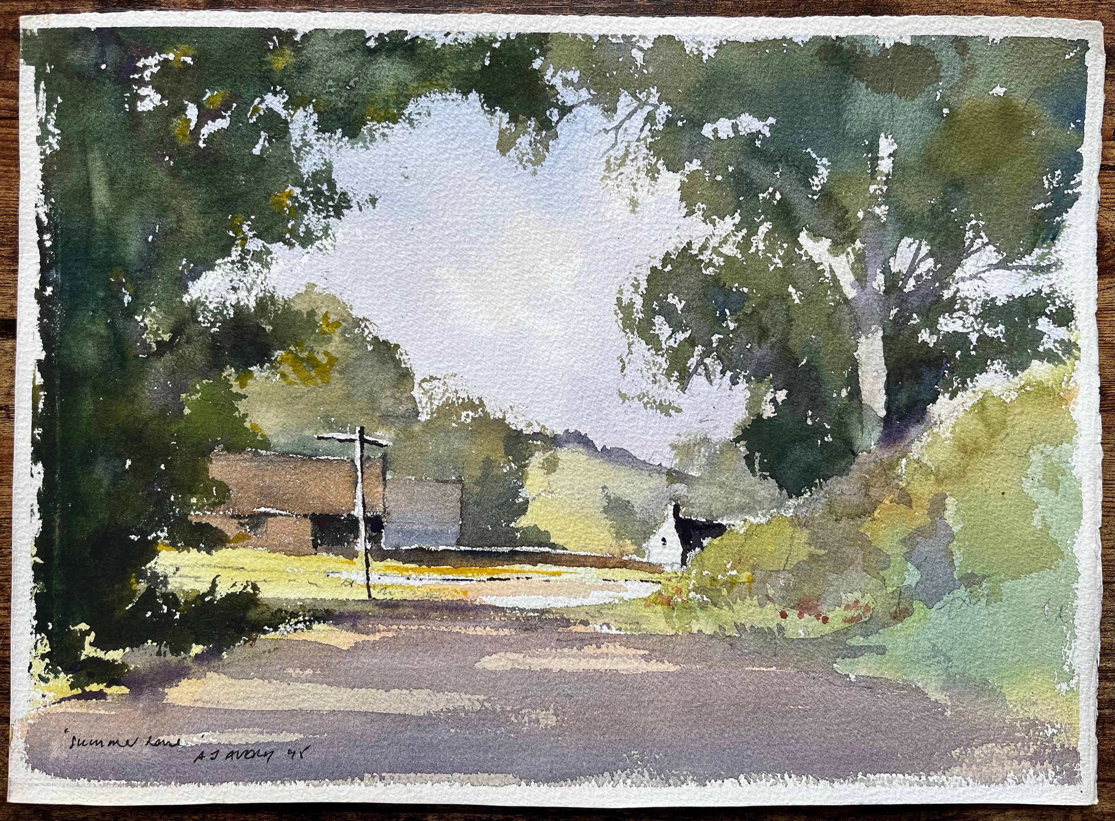 Britisches impressionistisches Aquarell des britischen Impressionismus der Sommerstraße mit grünen Bäumen und Gebäuden – Painting von Anthony Avery