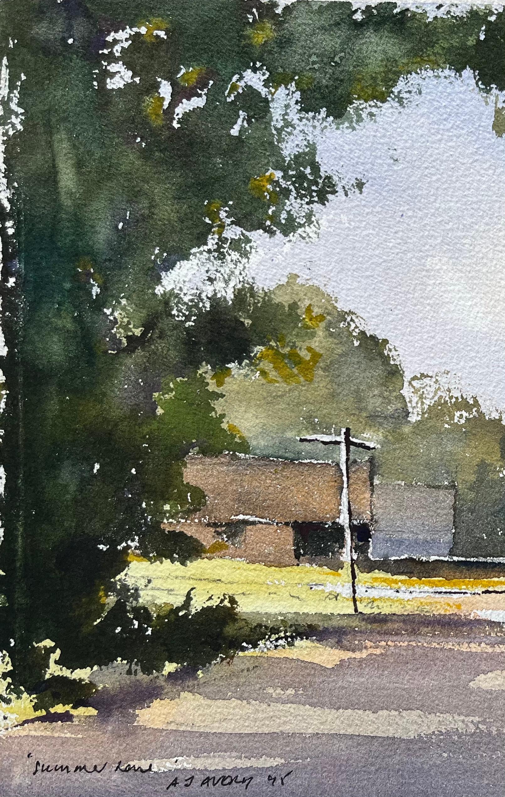 Britisches impressionistisches Aquarell des britischen Impressionismus der Sommerstraße mit grünen Bäumen und Gebäuden im Angebot 1
