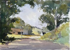 British Impressionist Watercolor of Summer Lane with Verdant Trees and Buildings