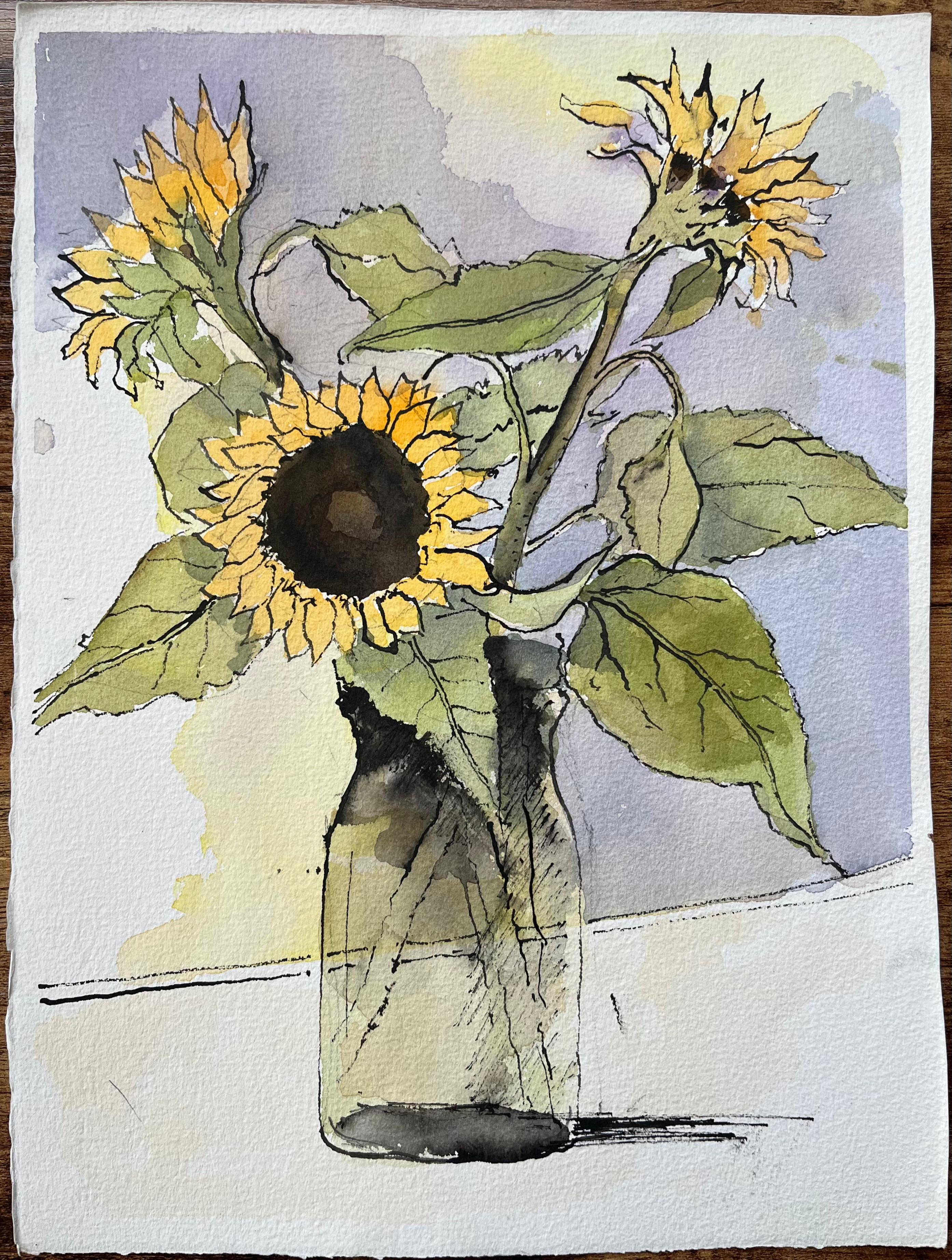 Britischer Impressionist Aquarell von Sonnenblumen in einer Vase – Painting von Anthony Avery