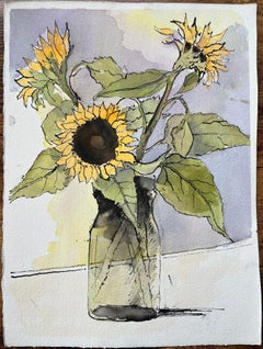 Aquarelle impressionniste britannique représentant des tournesols dans un vase