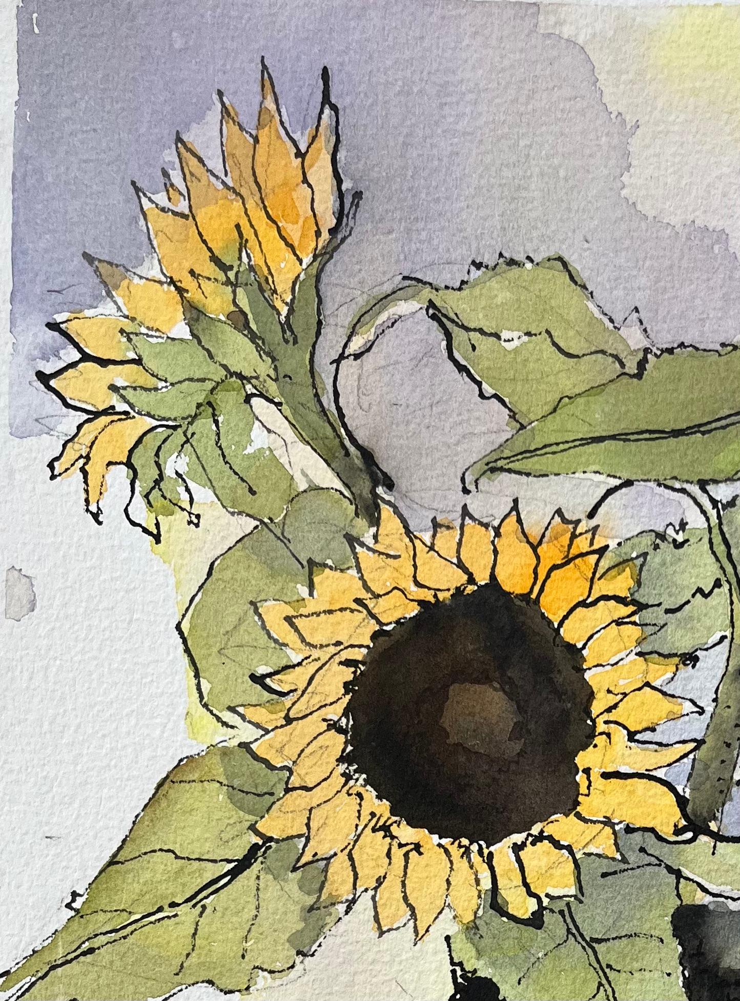 Britischer Impressionist Aquarell von Sonnenblumen in einer Vase (Impressionismus), Painting, von Anthony Avery