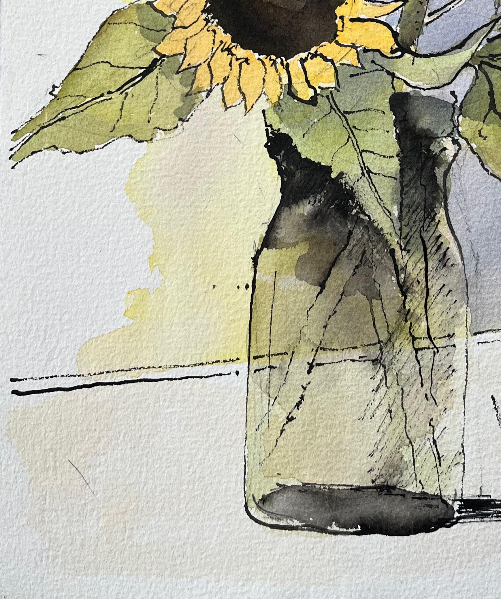Britischer Impressionist Aquarell von Sonnenblumen in einer Vase im Angebot 1
