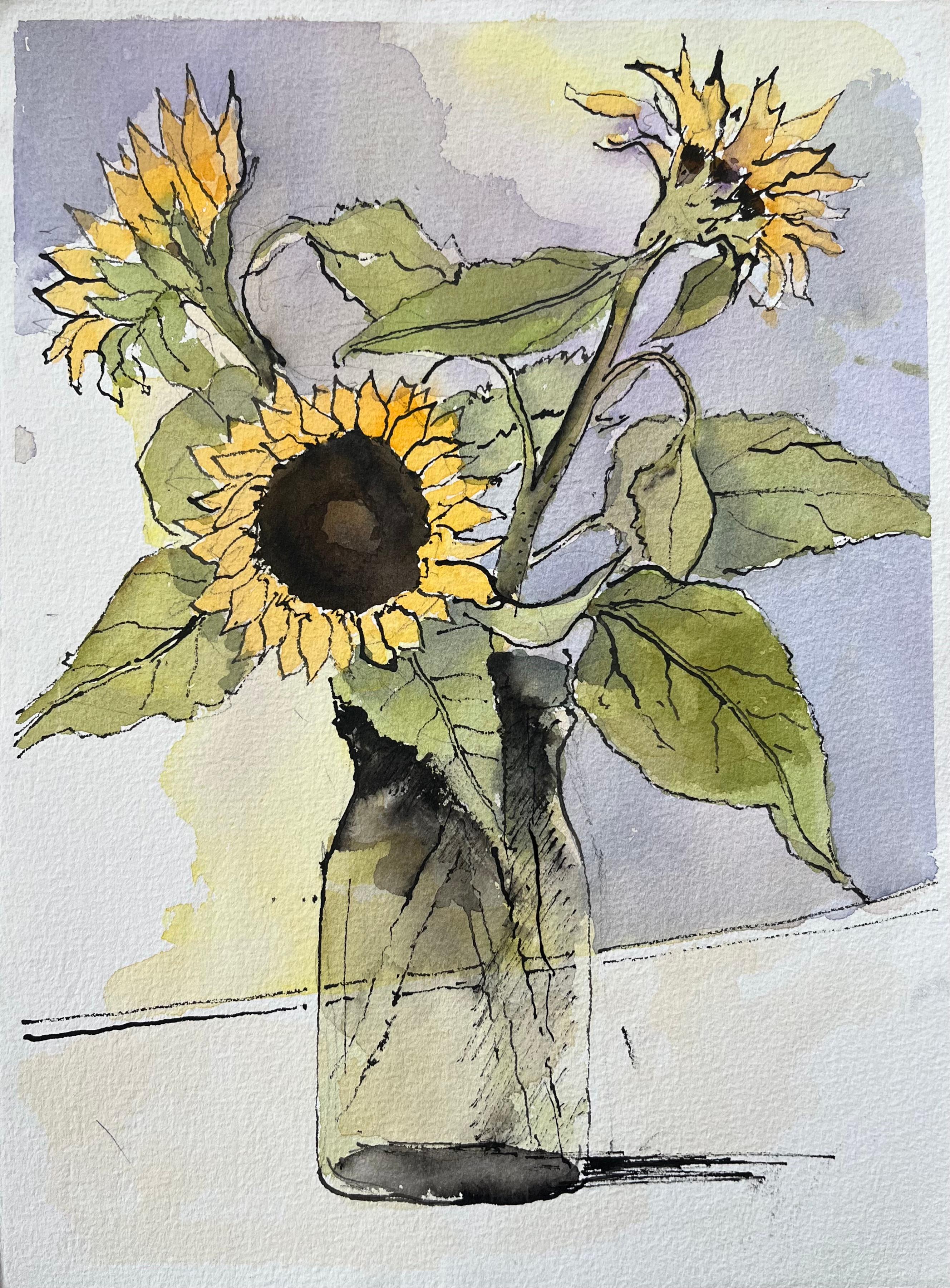 Anthony Avery Landscape Painting – Britischer Impressionist Aquarell von Sonnenblumen in einer Vase