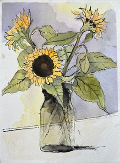 British Impressionist Watercolor of Sunflowers in a Vase