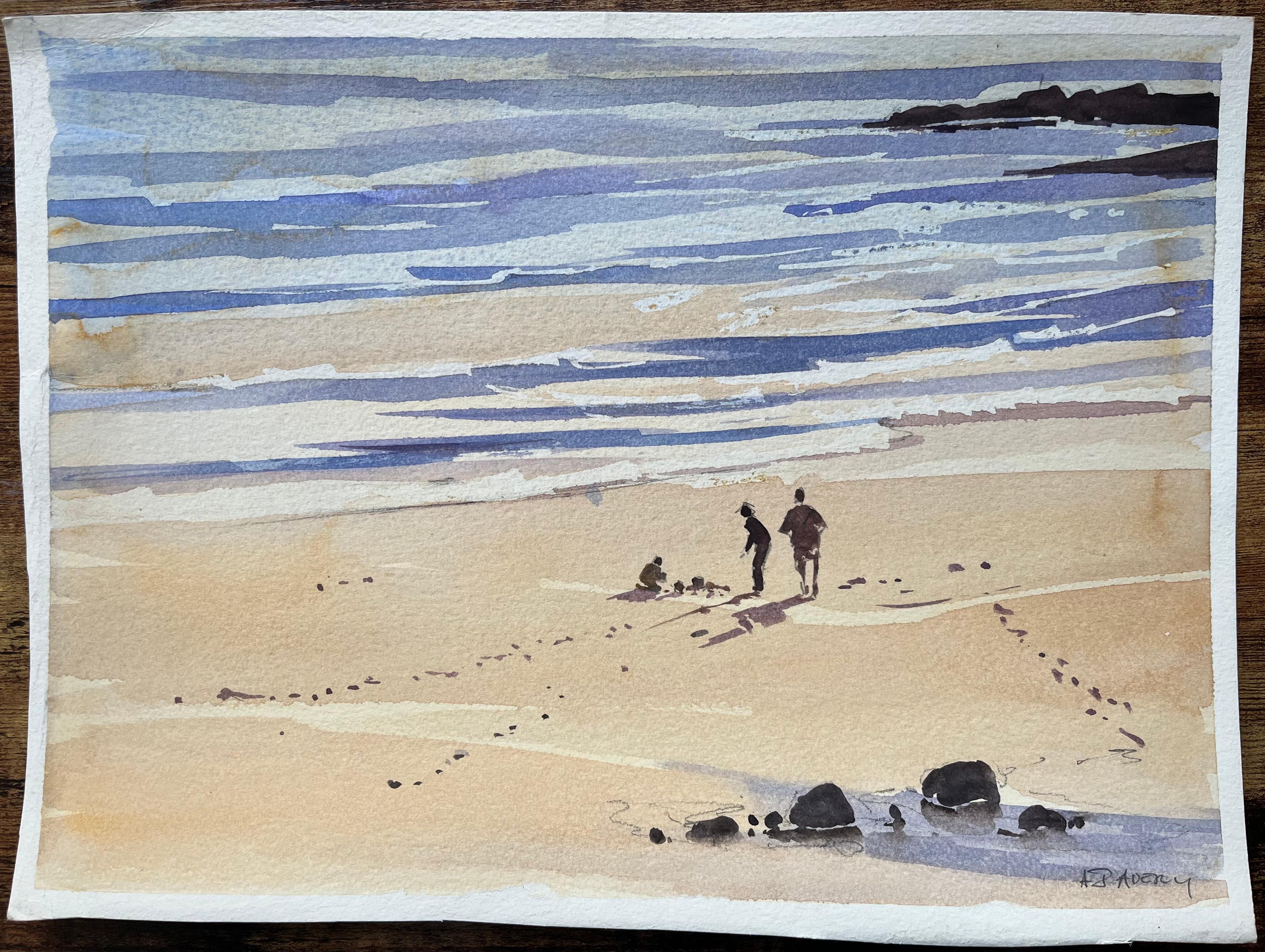 Acuarela impresionista británica de escena de playa iluminada por el sol con figuras - Painting de Anthony Avery