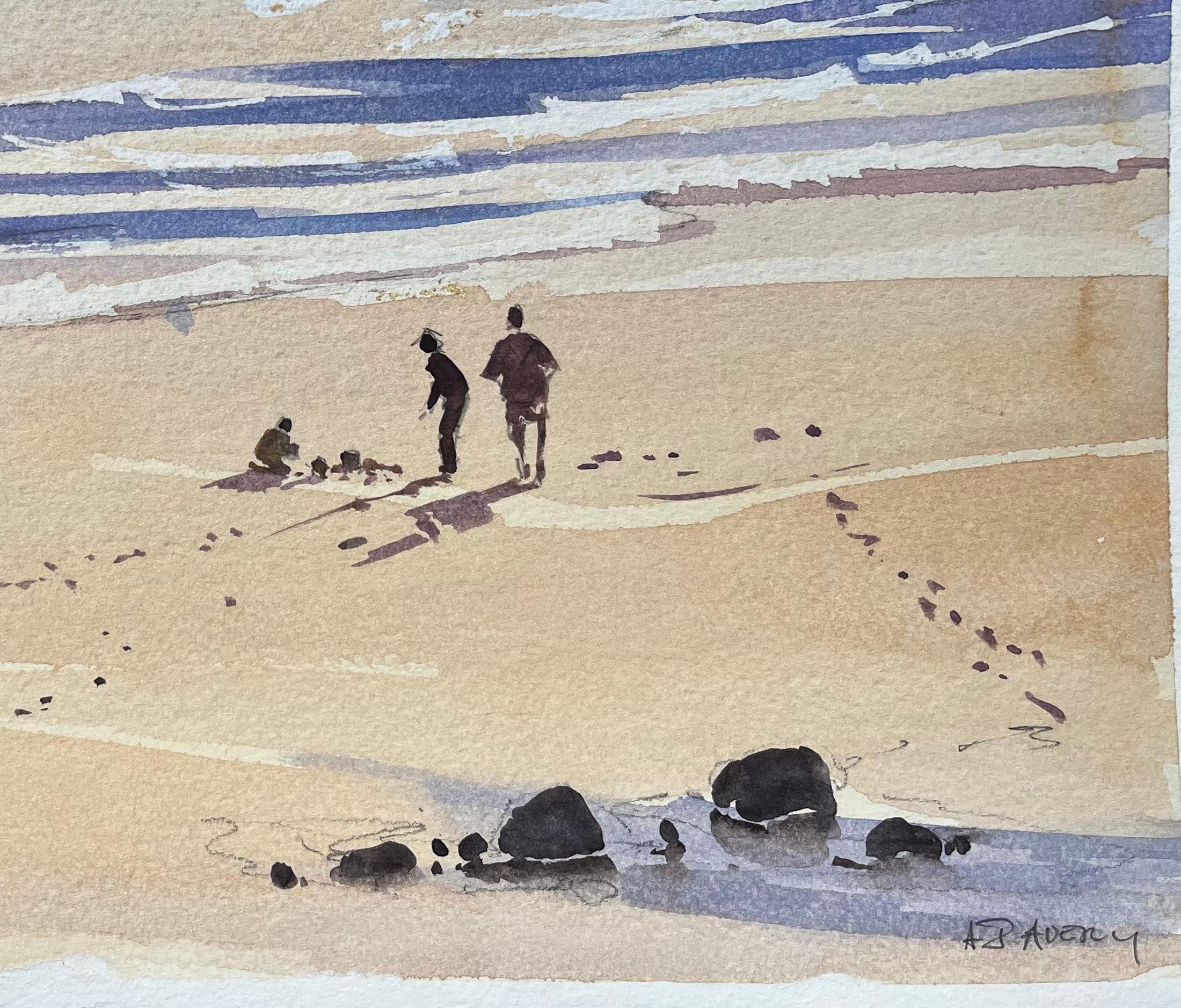 Acuarela impresionista británica de escena de playa iluminada por el sol con figuras - Painting Impresionista de Anthony Avery