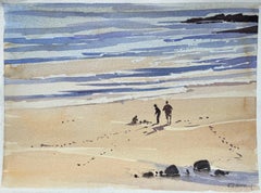British Impressionist Watercolor of Sunlit Beach Scene with Figures