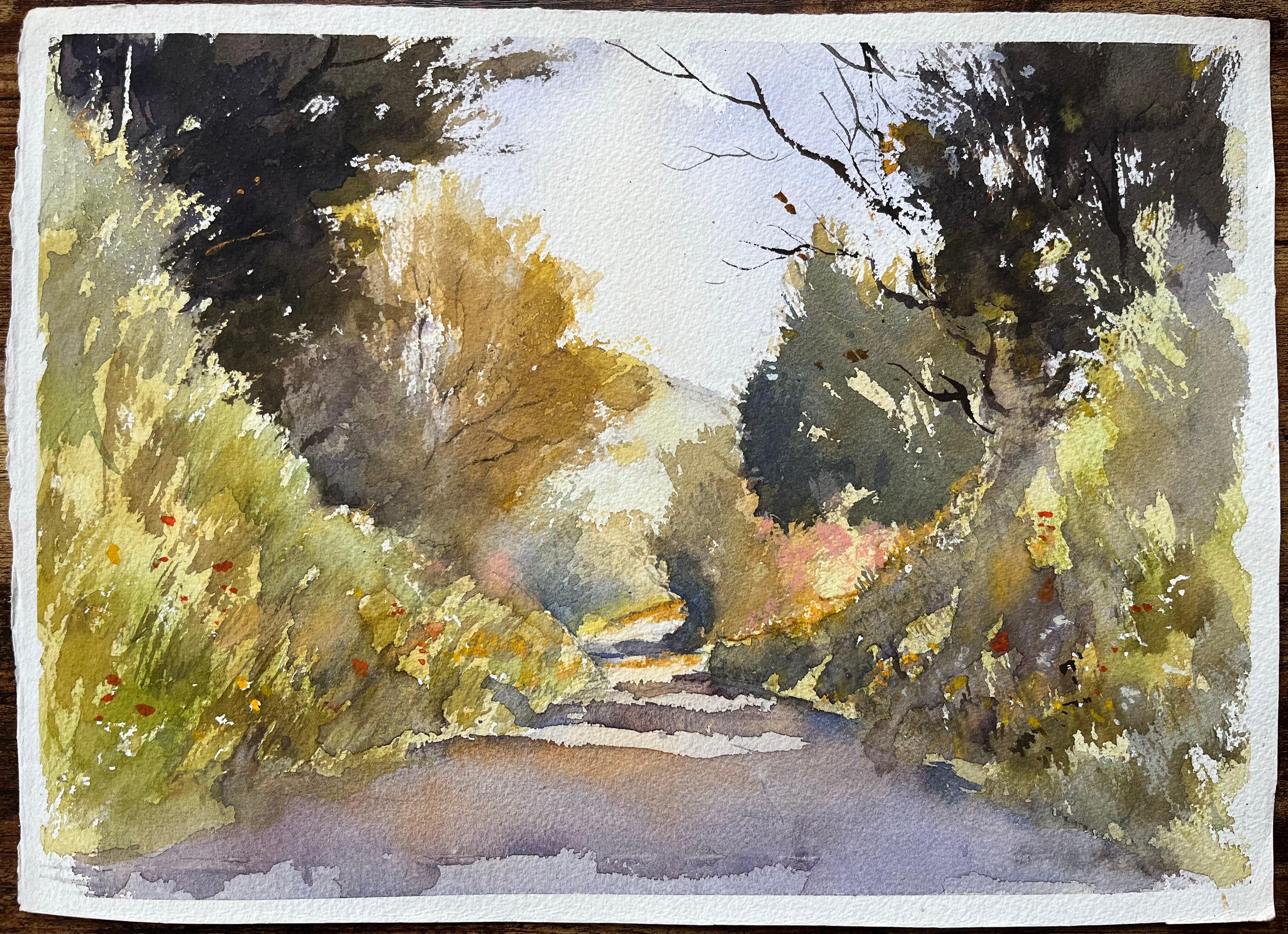 Aquarelle impressionniste britannique de Sunlit Country Lane - Painting de Anthony Avery