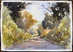 British Impressionist Watercolor of Sunlit Country Lane