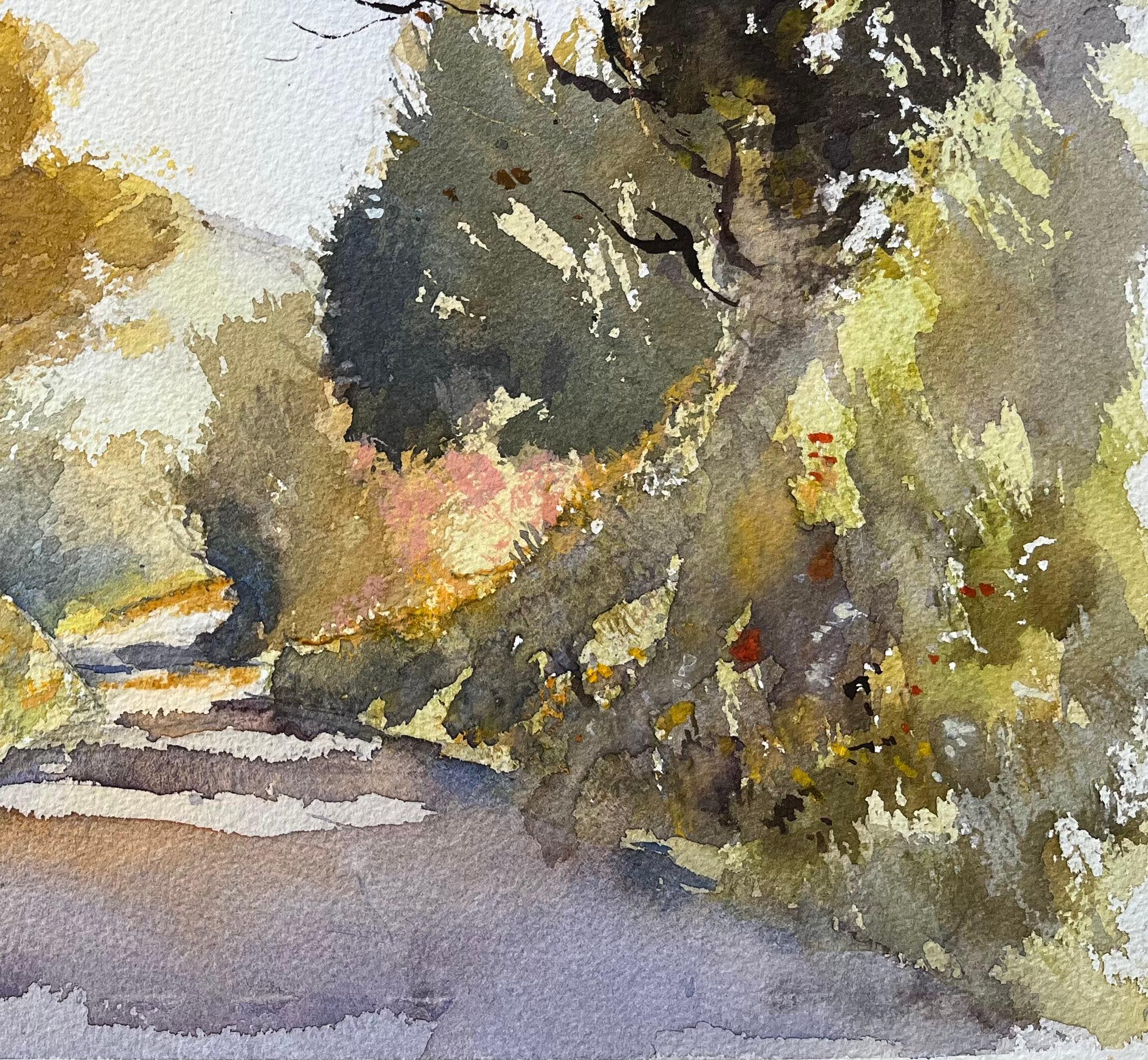 Aquarelle impressionniste britannique de Sunlit Country Lane - Impressionnisme Painting par Anthony Avery