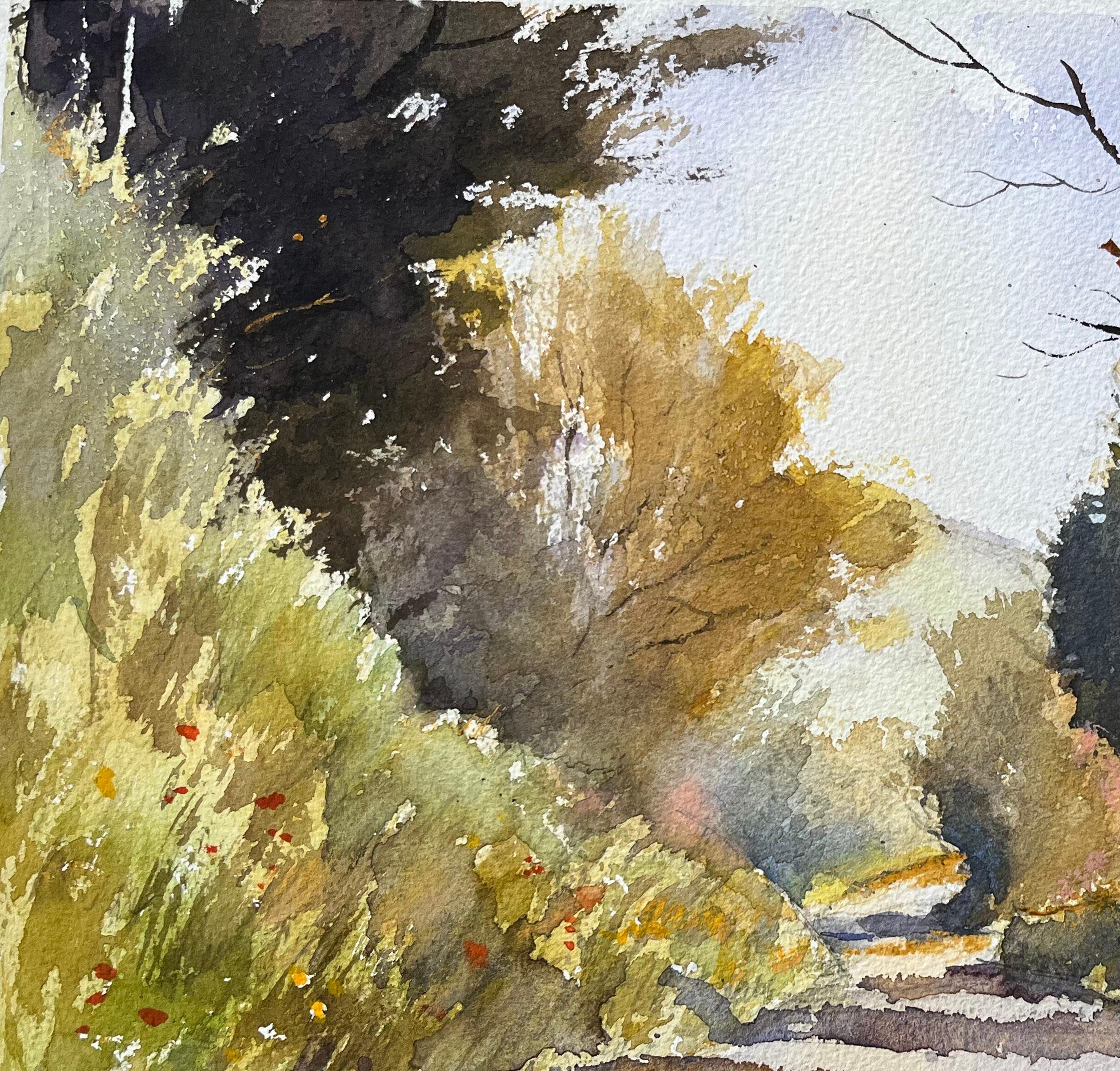 Aquarelle impressionniste britannique de Sunlit Country Lane en vente 1