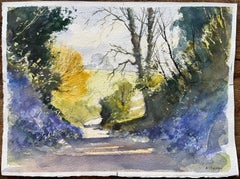 Britischer Impressionist Aquarell von sonnenbeschienenen Landweg umhüllt von Bluebells