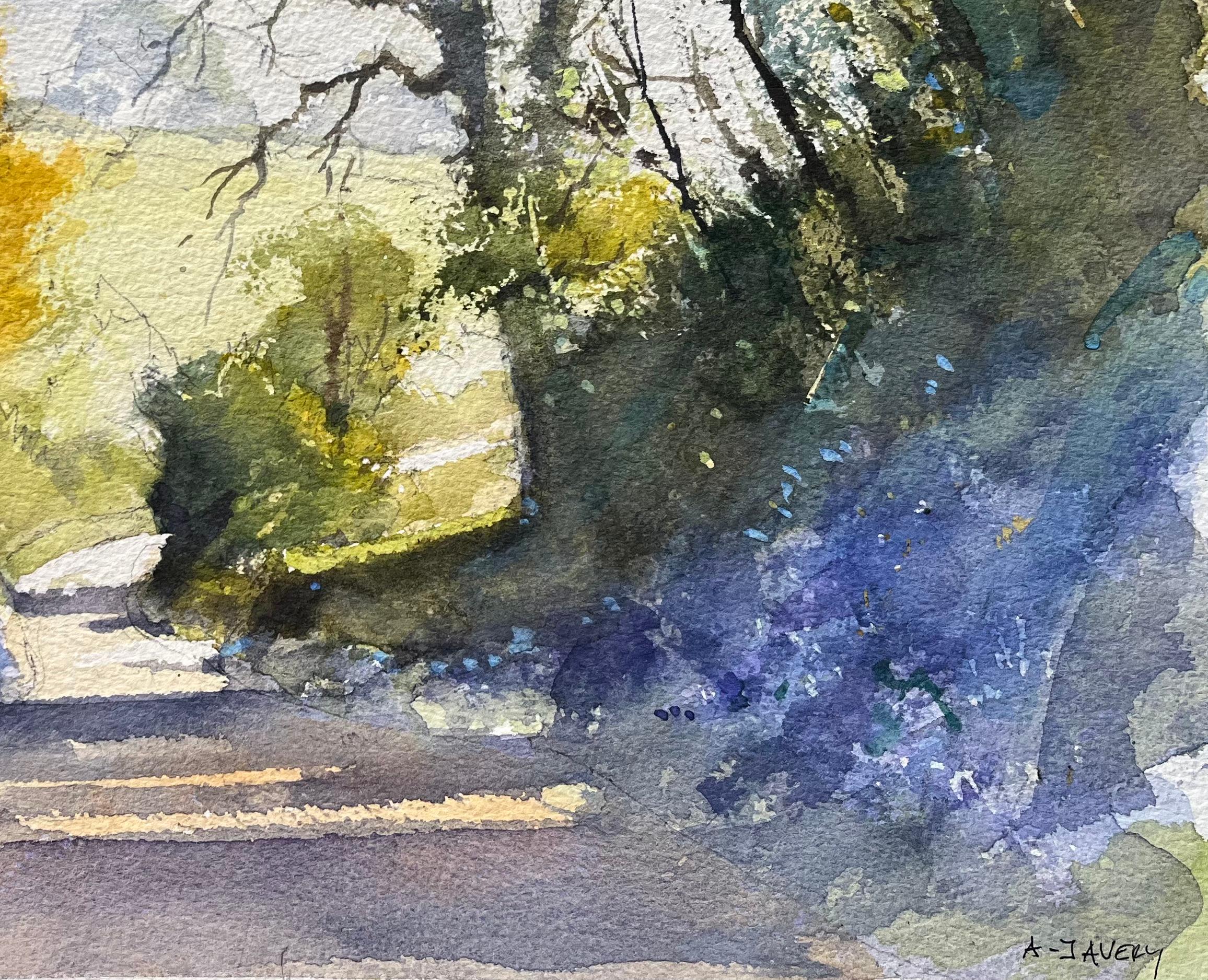 British Impressionist Watercolor of Sunlit Country Path Enveloped by Bluebells - Gray Landscape Painting by Anthony Avery