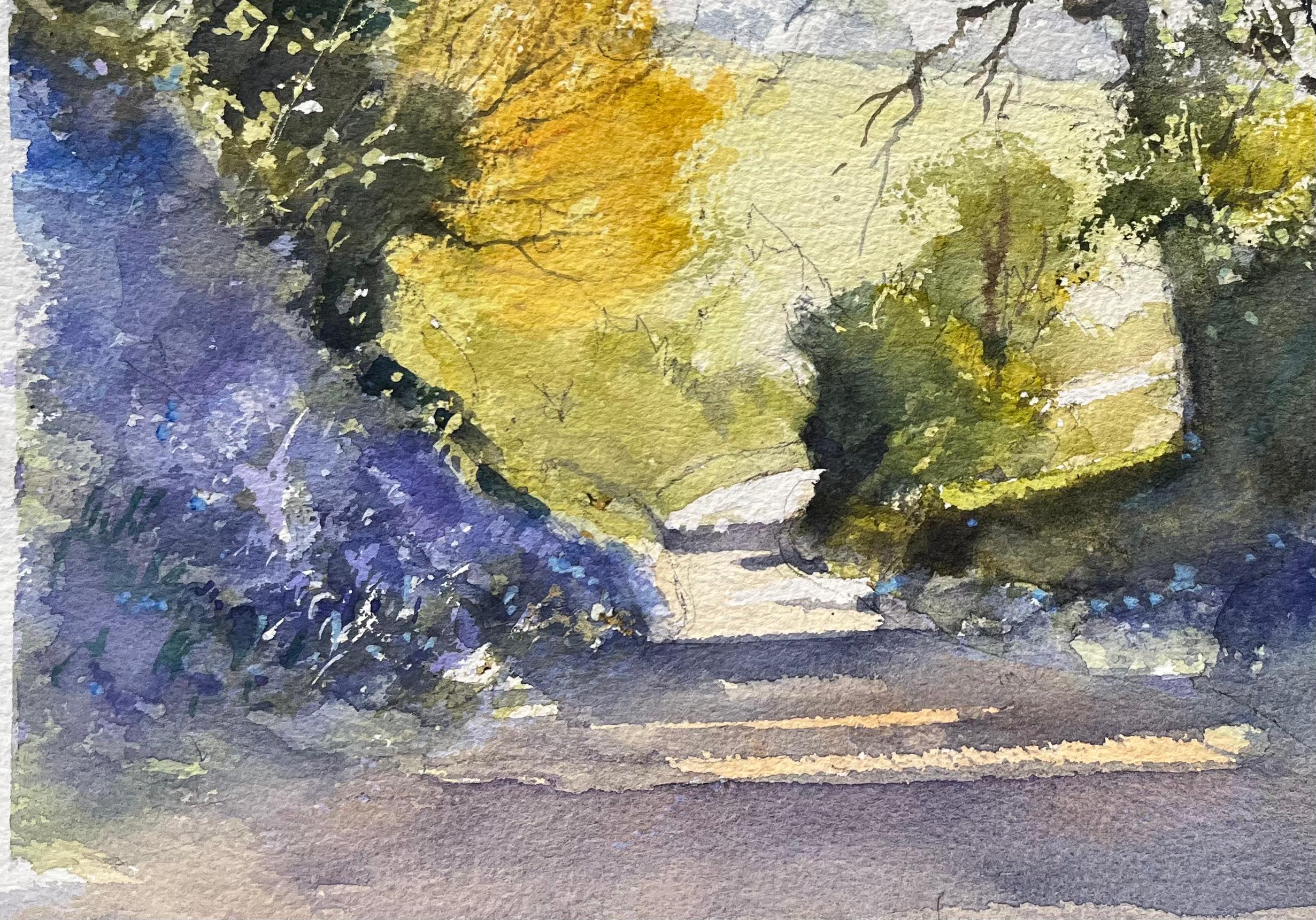 British Impressionist Watercolor of Sunlit Country Path Enveloped by Bluebells For Sale 1