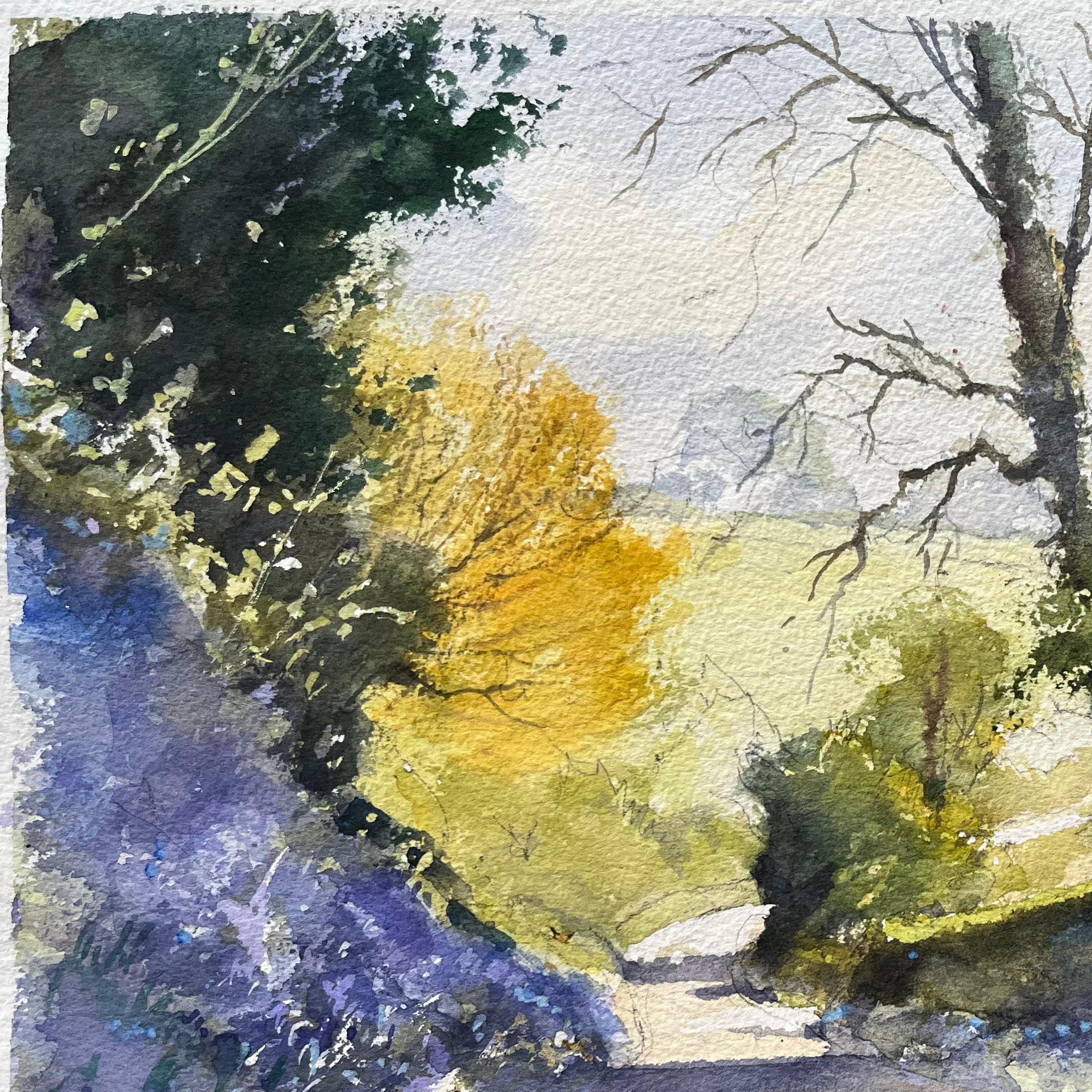 British Impressionist Watercolor of Sunlit Country Path Enveloped by Bluebells For Sale 2