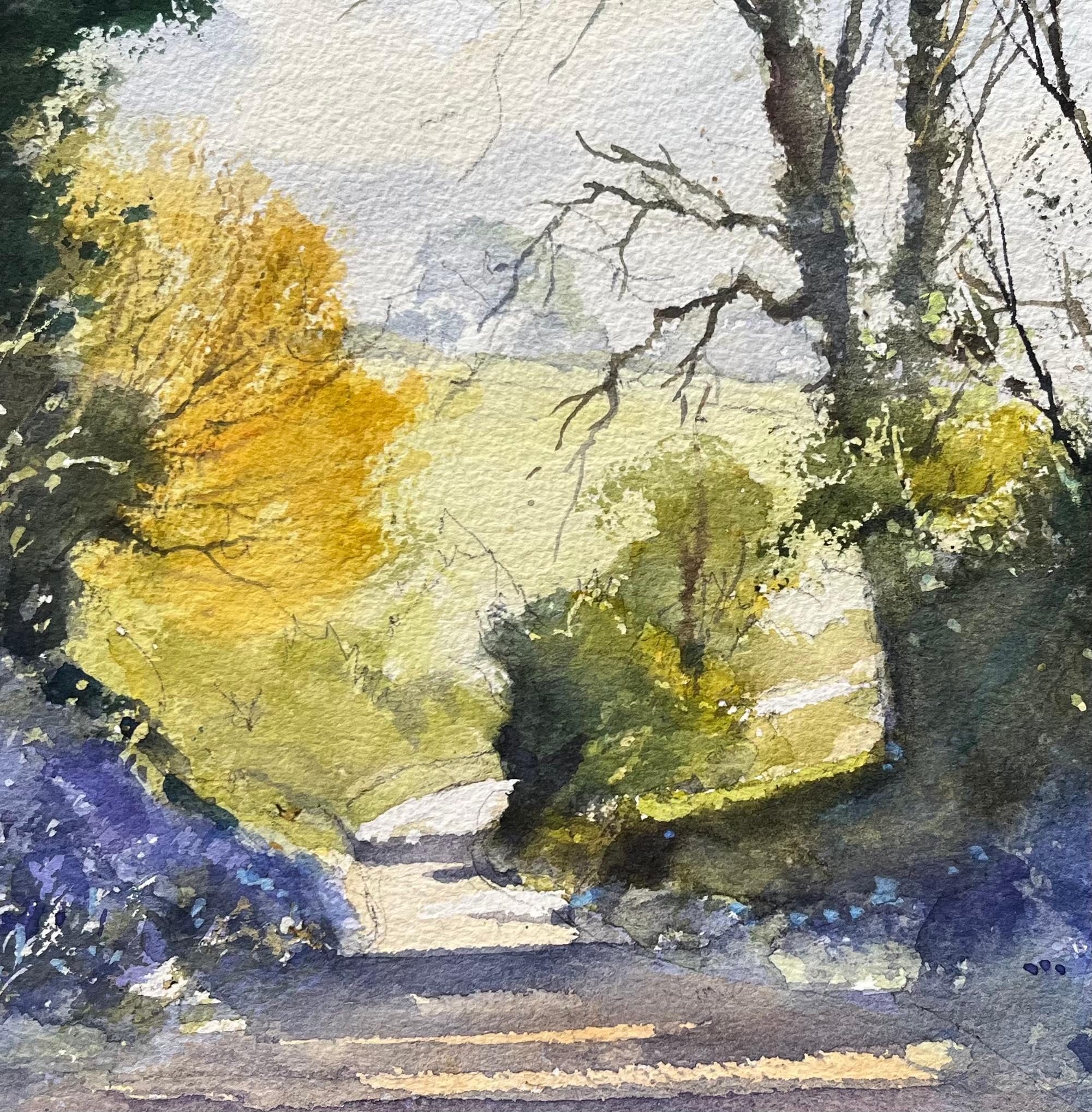 British Impressionist Watercolor of Sunlit Country Path Enveloped by Bluebells For Sale 3