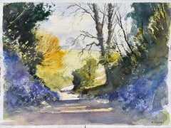 Britischer Impressionist Aquarell von sonnenbeschienenen Landweg umhüllt von Bluebells