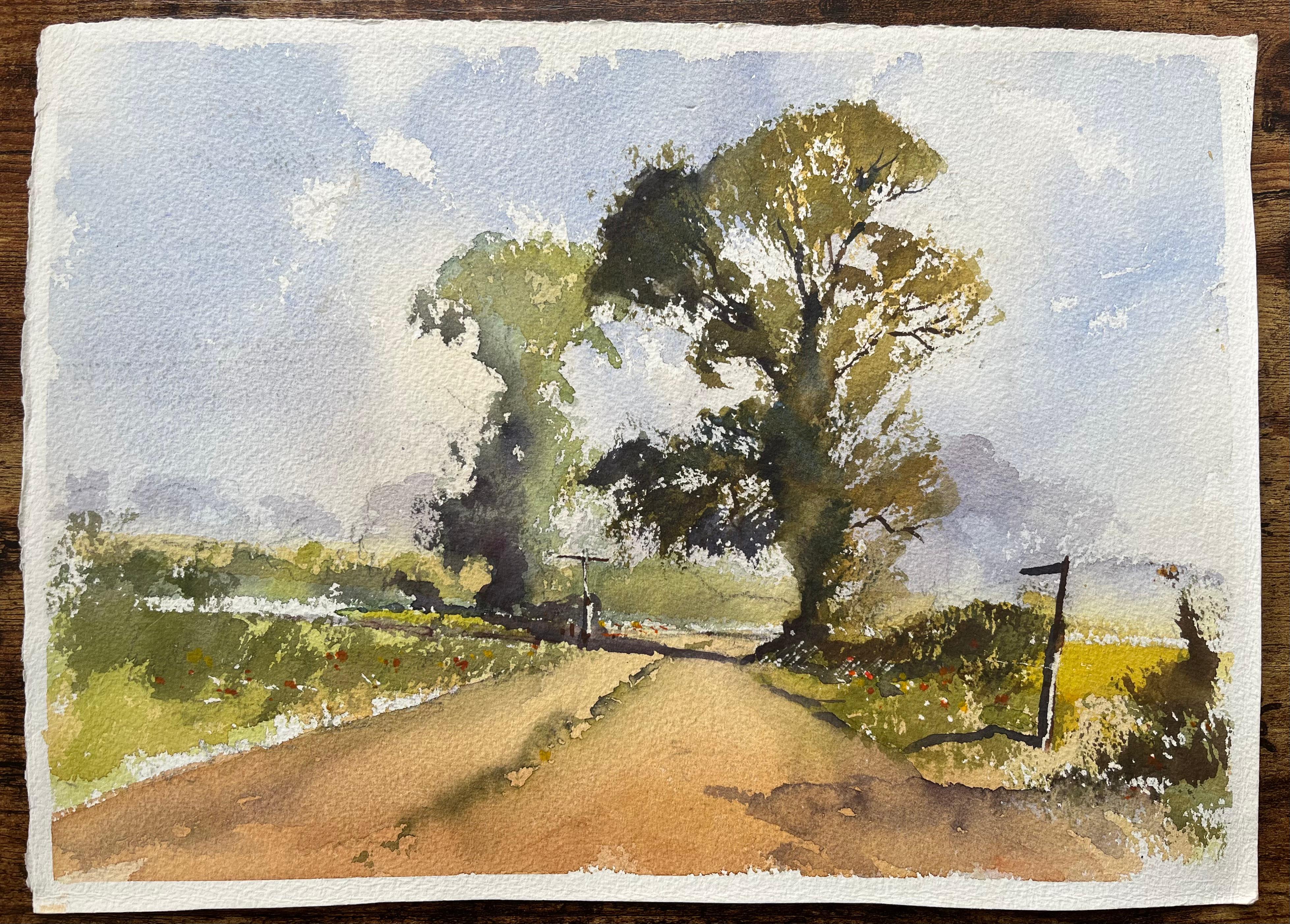 Acuarela impresionista británica de camino rural iluminado por el sol con árboles altos - Painting de Anthony Avery