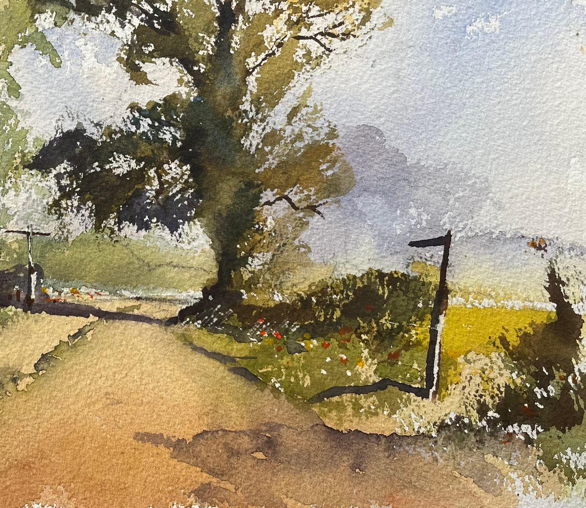 Acuarela impresionista británica de camino rural iluminado por el sol con árboles altos - Painting Impresionista de Anthony Avery