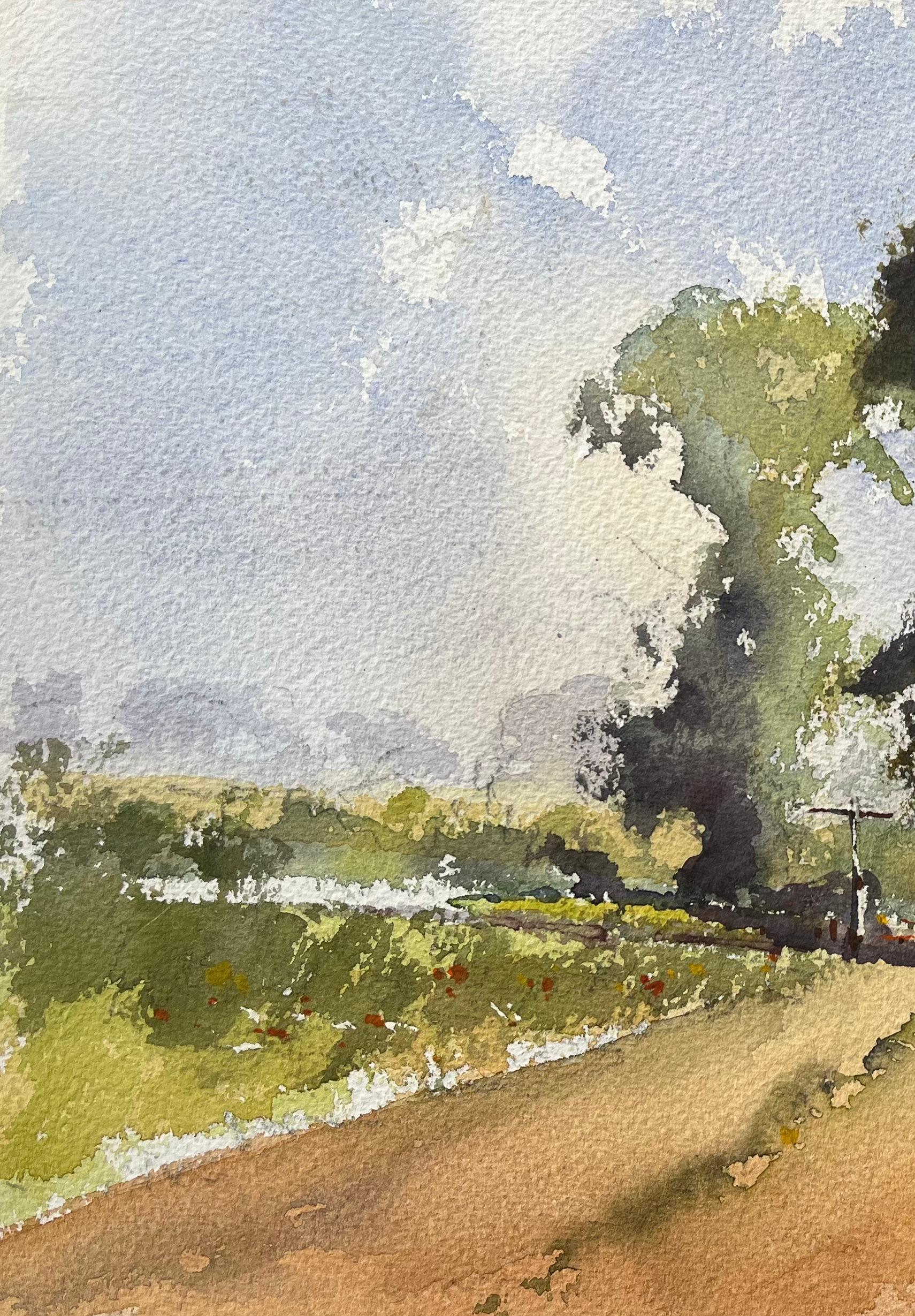 Título: Acuarela impresionista británica de camino rural iluminado por el sol con árboles altos
de Anthony Avery (británico 1946-2023)
Acuarela original sobre papel de artista, sin enmarcar
Dimensiones: 11 x 15,25 pulgadas (Alto x Ancho)
Estado: