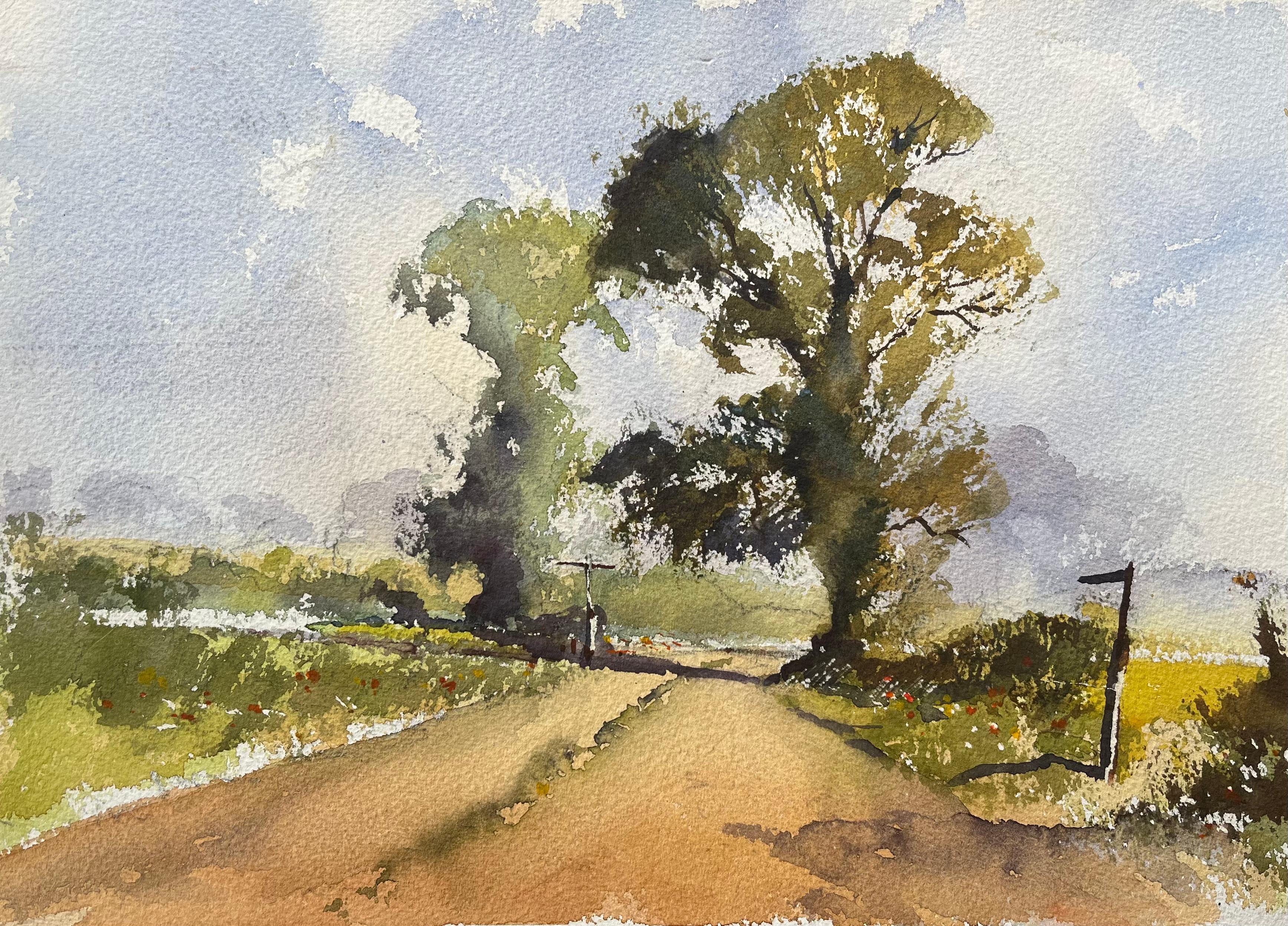 Landscape Painting de Anthony Avery - Acuarela impresionista británica de camino rural iluminado por el sol con árboles altos