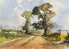 British Impressionist Watercolor of Sunlit Country Path with Tall Trees
