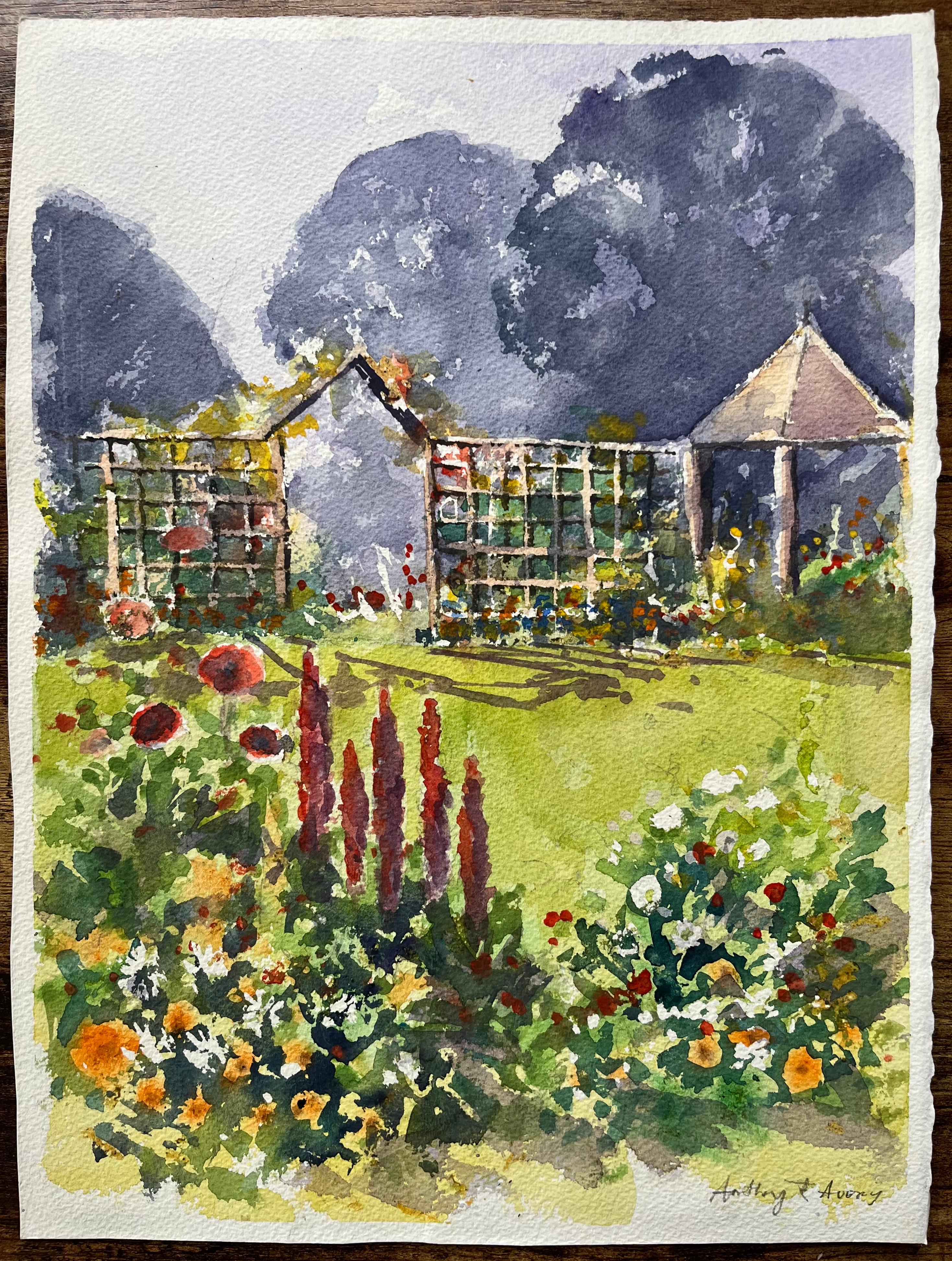 Britisches impressionistisches Aquarell eines sonnenbeschienenen Gartens mit Blumen und Spalier – Painting von Anthony Avery