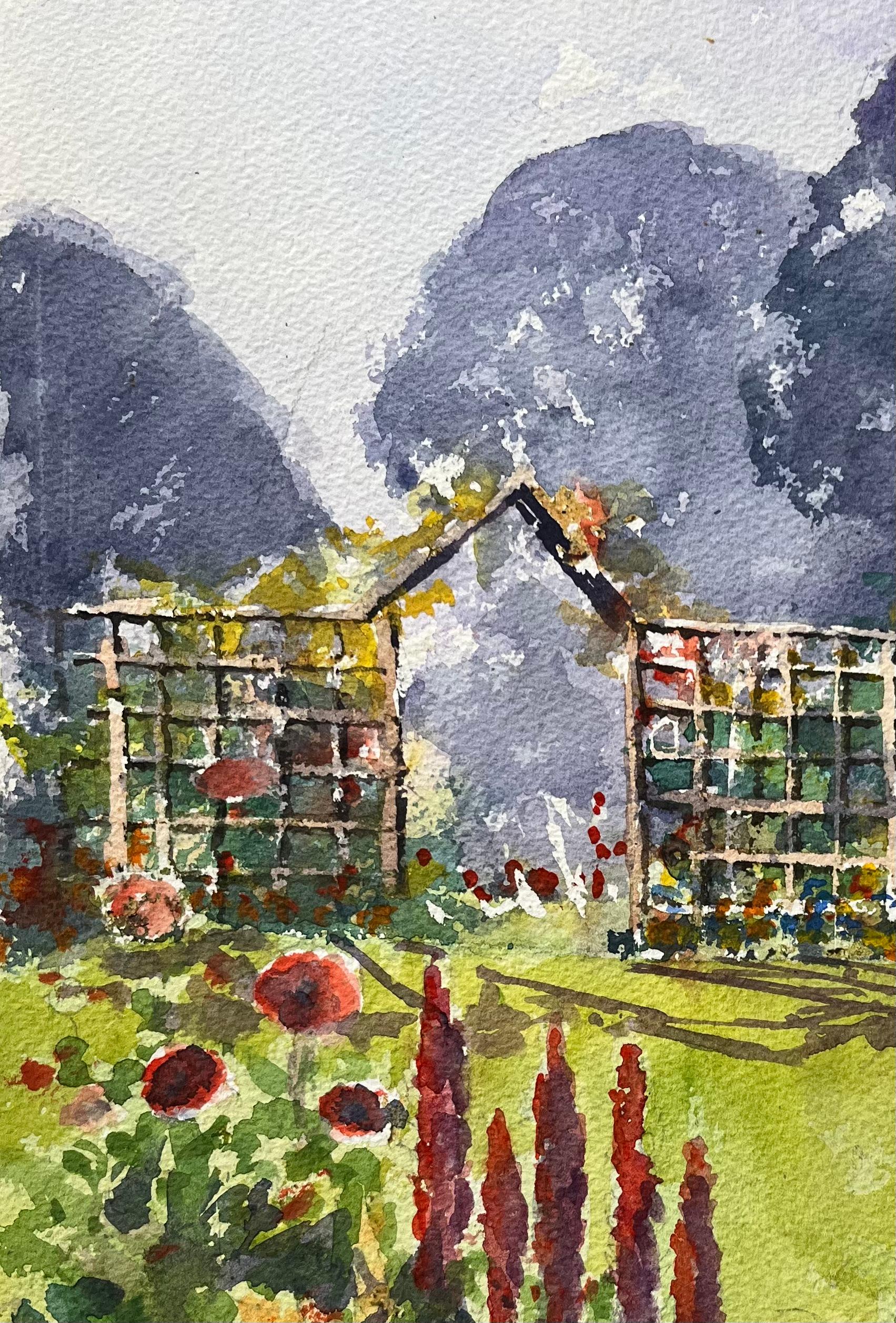 Britisches impressionistisches Aquarell eines sonnenbeschienenen Gartens mit Blumen und Spalier (Impressionismus), Painting, von Anthony Avery