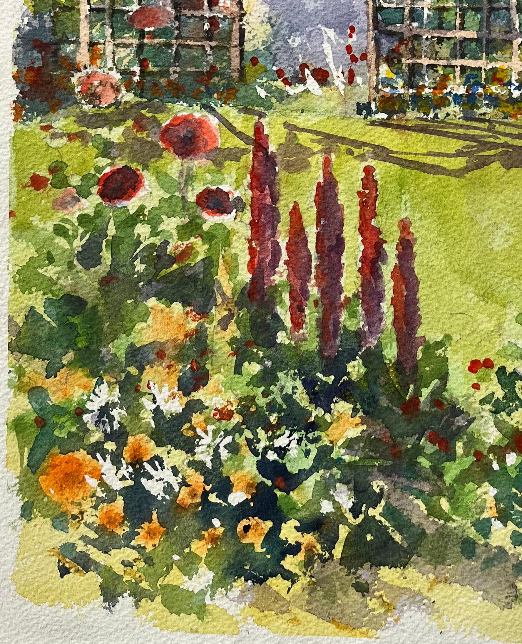 Britisches impressionistisches Aquarell eines sonnenbeschienenen Gartens mit Blumen und Spalier im Angebot 1